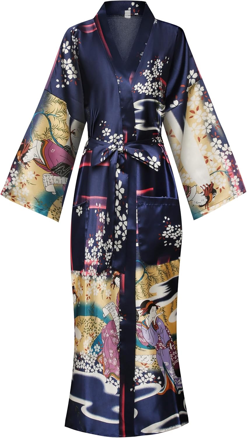 Women's Floral/Patterned Silky Kimono Robes Long Satin Bathrobes Sleepwear Loungewear