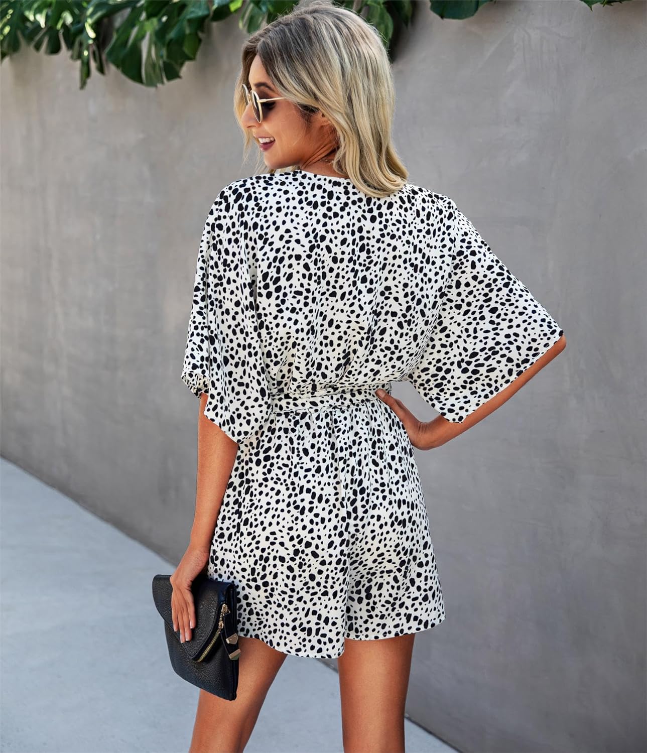 PRETTYGARDEN Women's Leopard Print Shorts Jumpsuit Wrap V Neck 3/4 Sleeve Casual Loose Oversized Romper With Pockets - Image 6