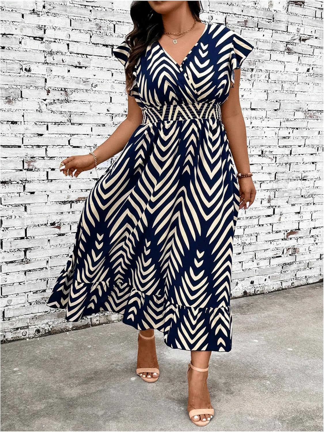 Floerns Women's Plus Size Chevron Striped Wrap V Neck Long Dress Cap Sleeve Ruffle Hem A Line Dresses - Image 5