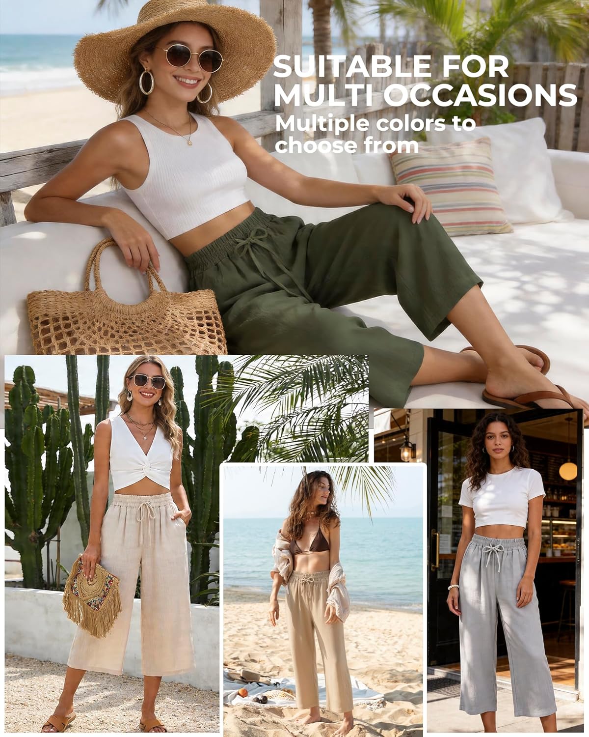 Women's Casual Capris Pants High Waist Pants Drawstring Loose Fit Summer Trousers with Pockets for Beach Vacation - Image 7