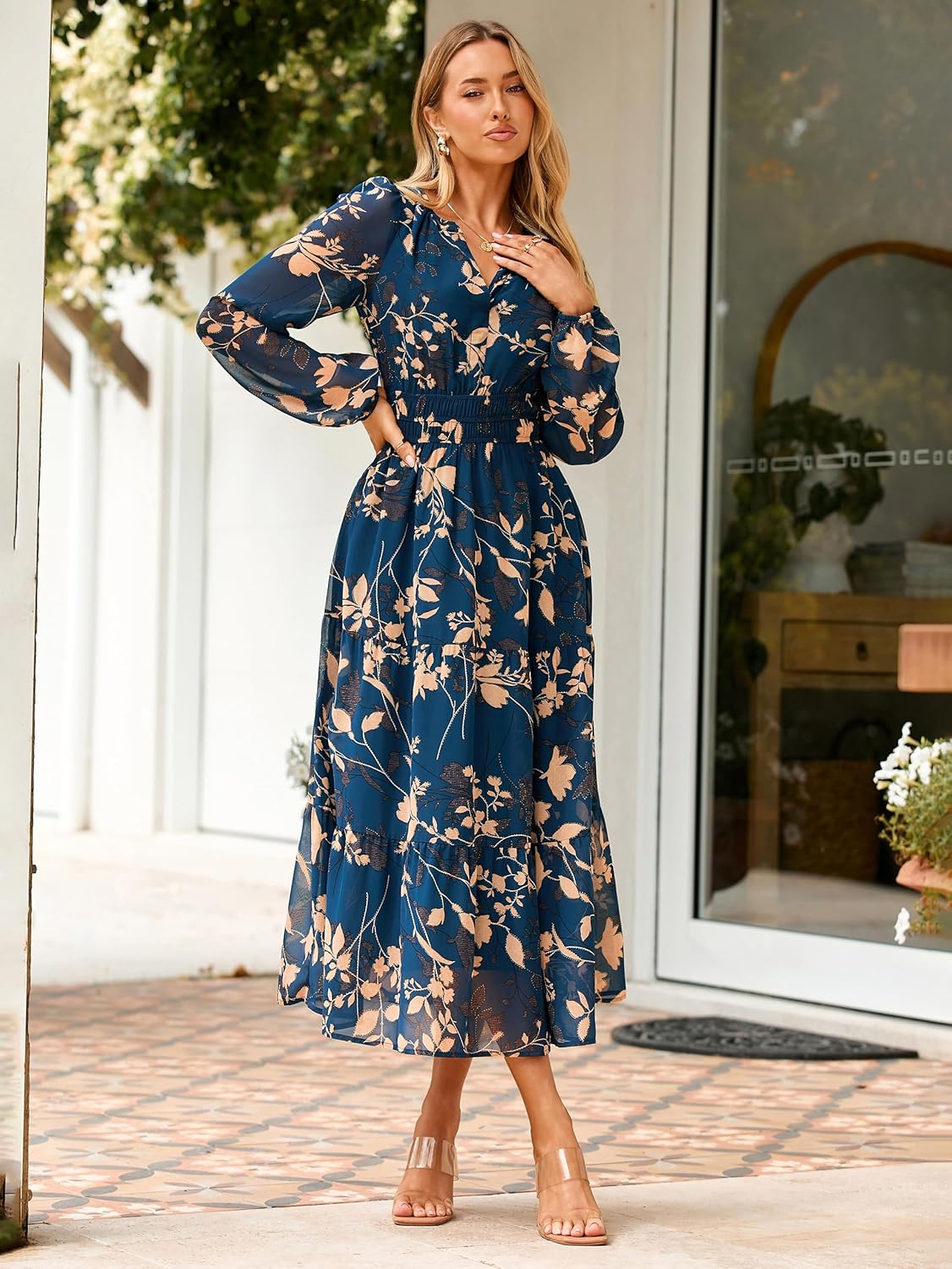 Simplee Women's Floral Boho Long Sleeve Maxi Dress V Neck Empire Waist Swing Flowy Wedding Guest Dress - Image 4