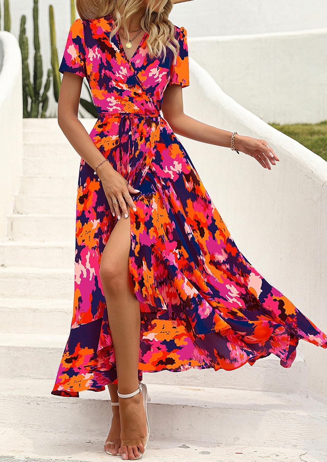 PRETTYGARDEN Women's Boho Floral Maxi Dress Summer Short Sleeve Wrap V Neck Long Flowy Beach Vacation Wedding Guest Dresses - Image 7