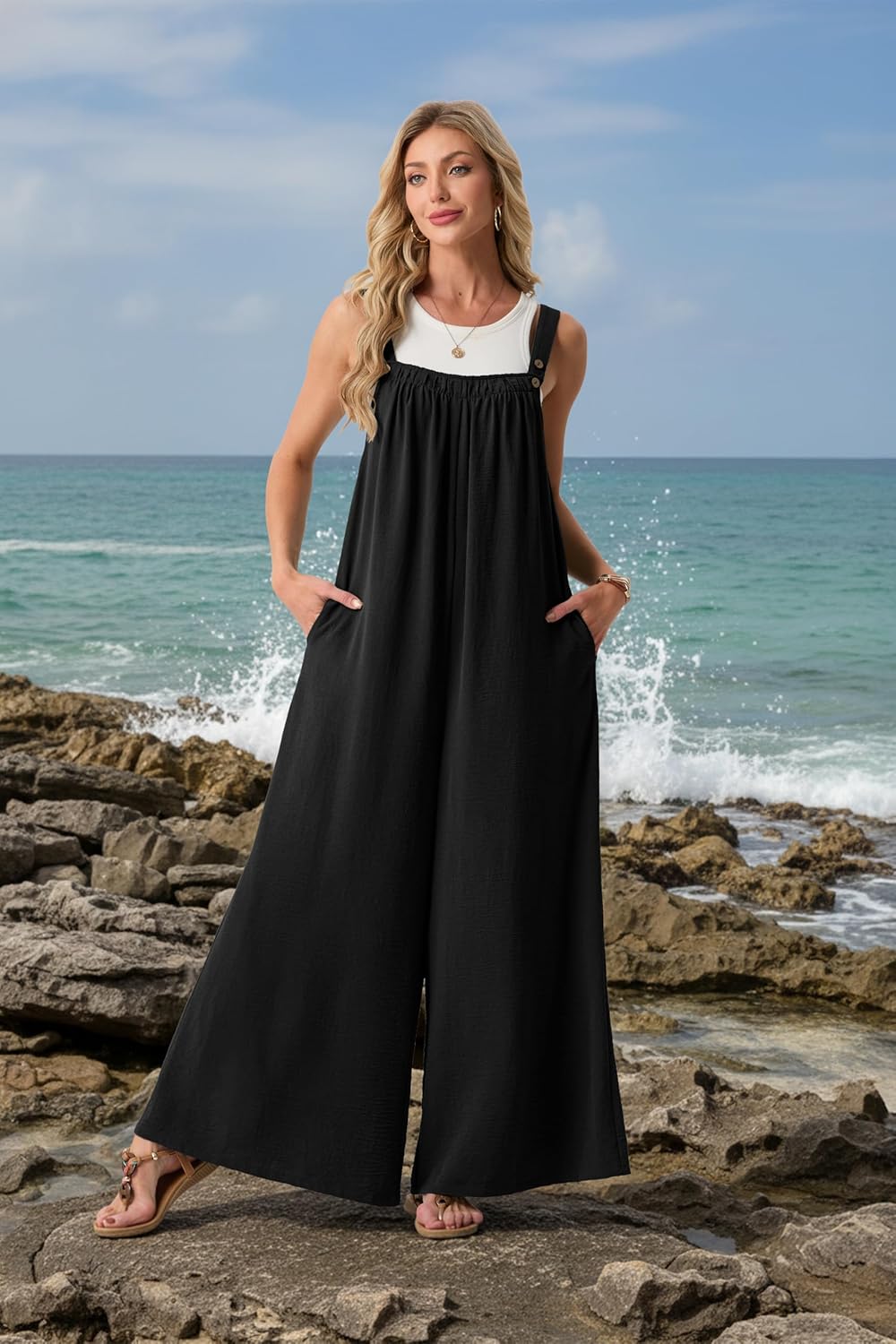 Lepunuo Womens Casual Jumpsuits Summer Boho Wide Leg Rompers Sleeveless Overalls Pleated Jumpers with Pockets - Image 3
