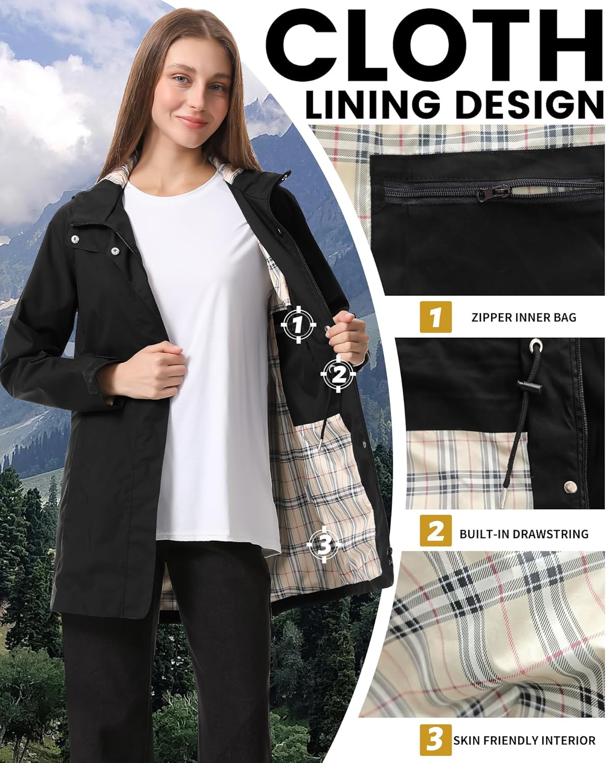iCreek Women's Rain Jacket Packable Long Raincoat Hooded Plaid Lined Trench Coat Waterproof Windproof Lightweight for Outdoor - Image 4