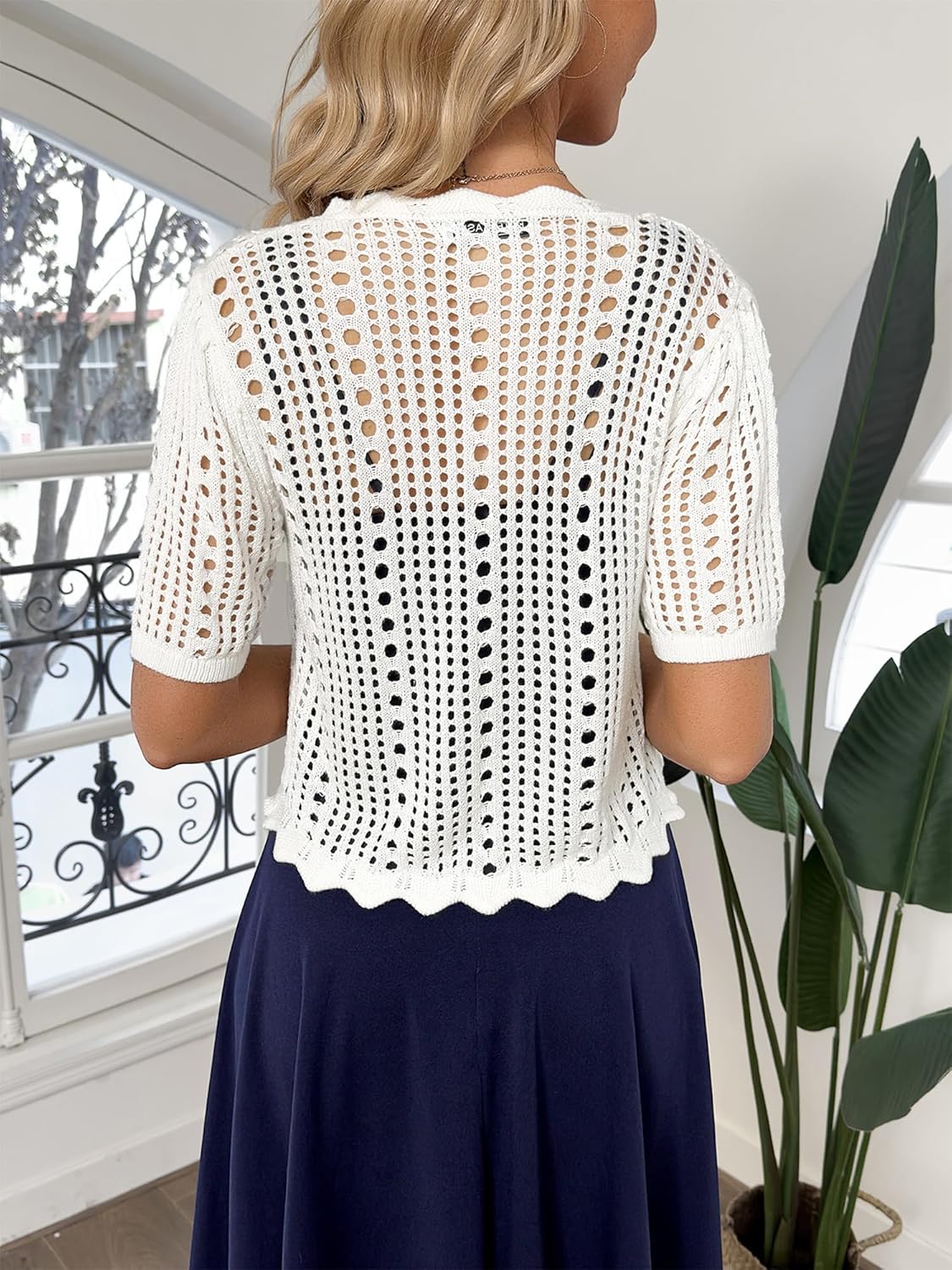 Kate Kasin Women Crochet Shrug Sweater Tie Front Knit Bolero Shrug for Dress Short Sleeve Cropped Cardigan - Image 3
