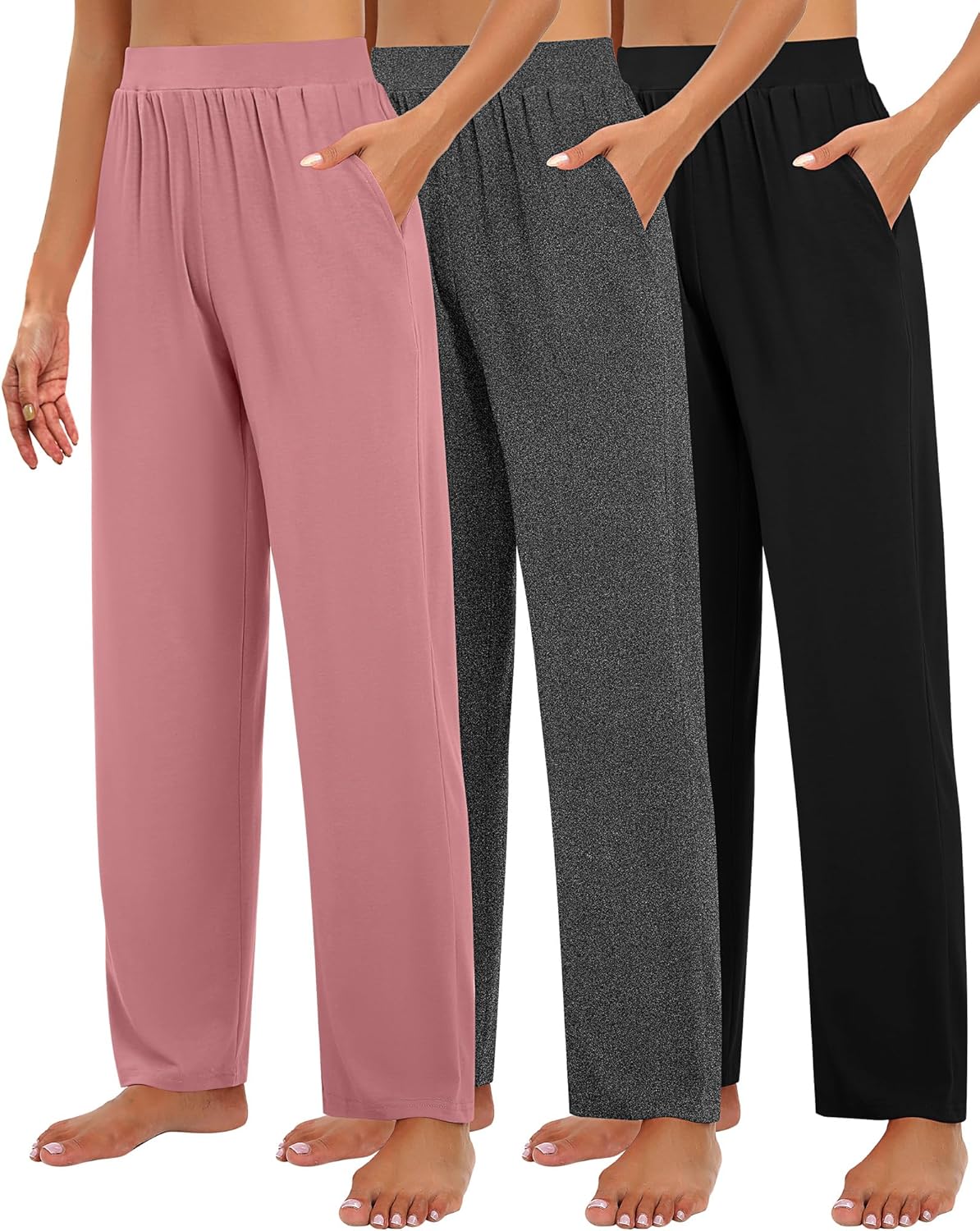 Huukeay 3 Pack Women's Lounge Pants, Cozy Wide Leg Lounge Slacks with Pockets Loose Flowy Yoga Sweatpant Workout Comfy Jogger