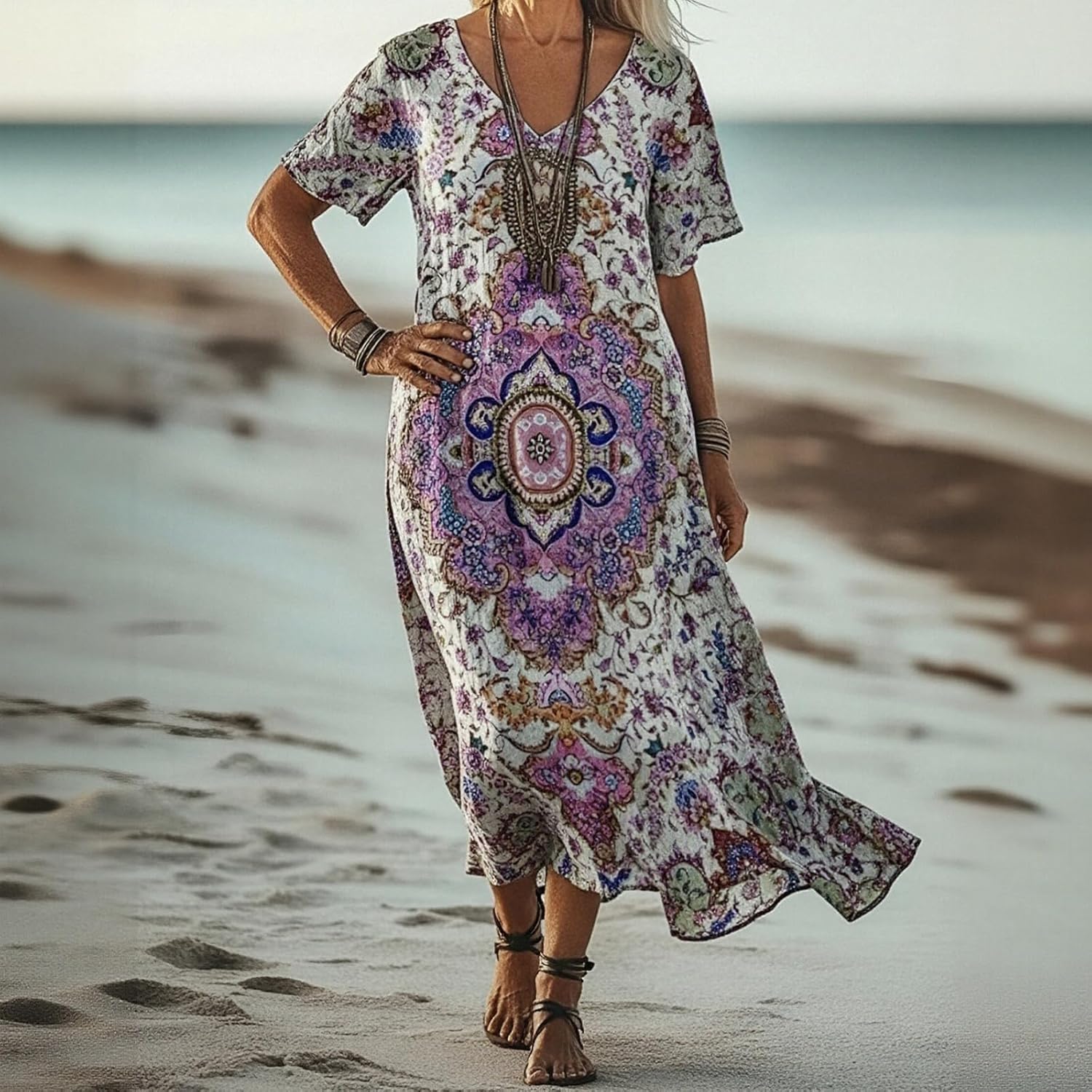 Women's Summer Boho Ethnic Print Maxi Dress, Loose Sleeveless V Neck Flowy Gown for Beach & Ranch - Image 4