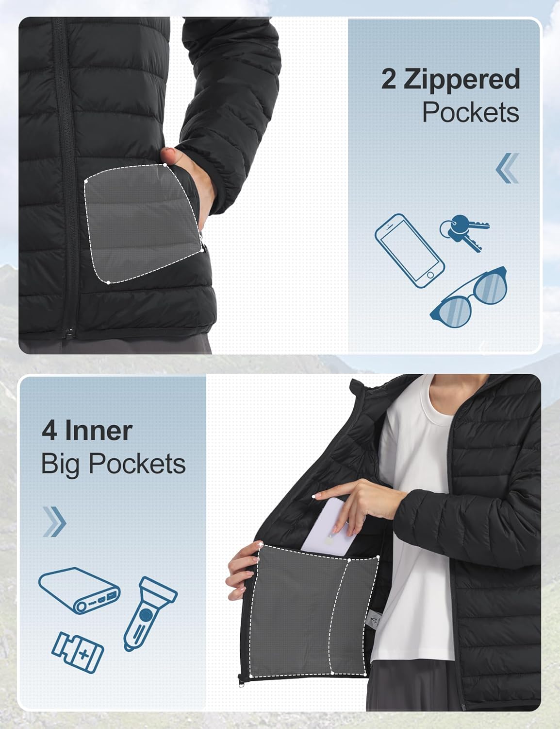 Womens Puffer Jacket Lightweight Packable Winter Light Coat Full-Zip Hooded Outerwear for Travel - Image 5