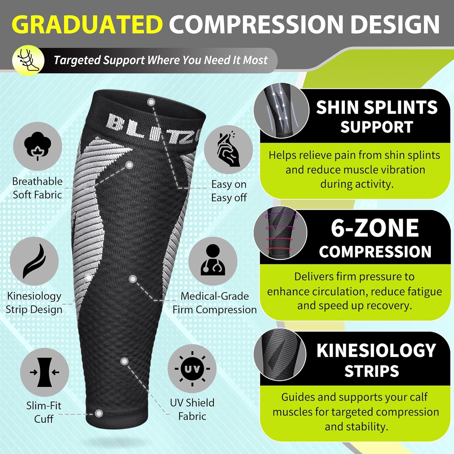 BLITZU Calf Compression Sleeve for Men & Women Footless Compression Socks Support Runners Leg Sleeve Shin Splints Pain Relief - Image 3