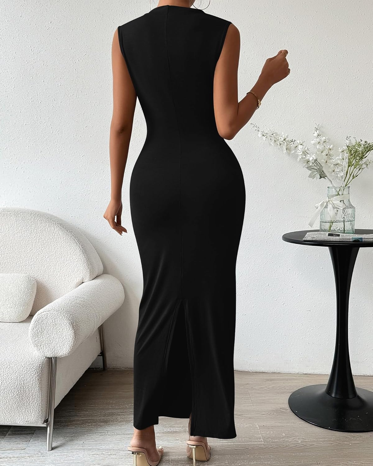 BTFBM Women Ruched Bodycon Maxi Dresses Summer Casual Sleeveless Lightweight Slit Elegant Cocktail Wedding Guest Dress - Image 4