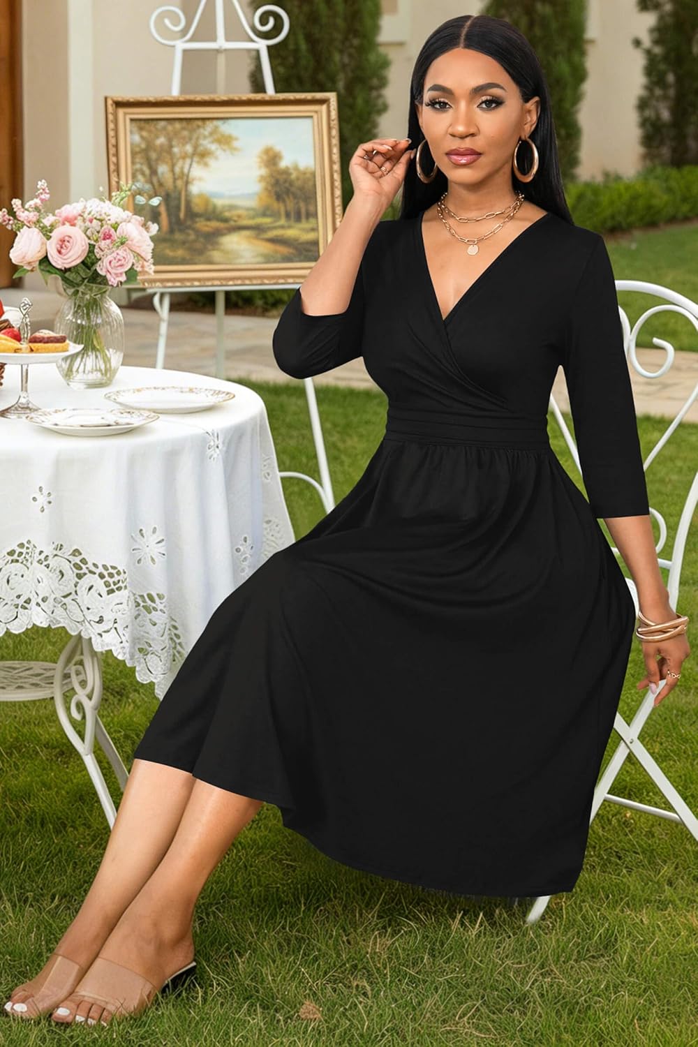 Nmoder Casual Wrap Dresses for Women A-Line Flared Church Midi Dress V Neck 3/4 Sleeve with Pockets - Image 6