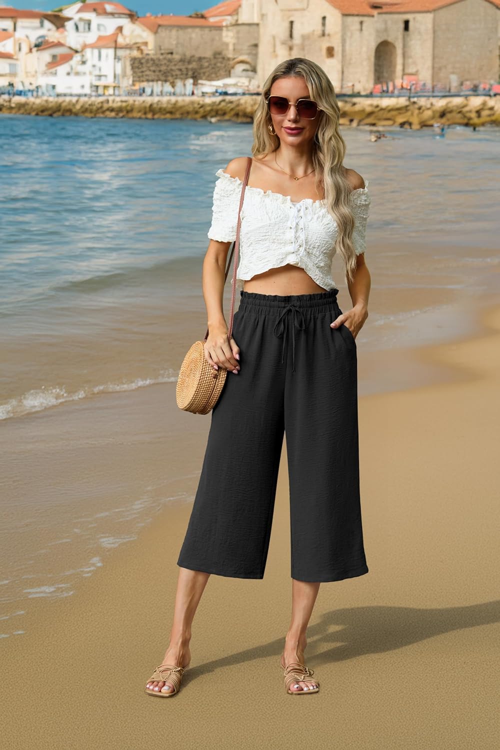 FREEOAK Capri Pants for Women High Waisted Wide Leg Casual Lounge Pant Summer Capris Adjustable Drawstring with Pockets - Image 3