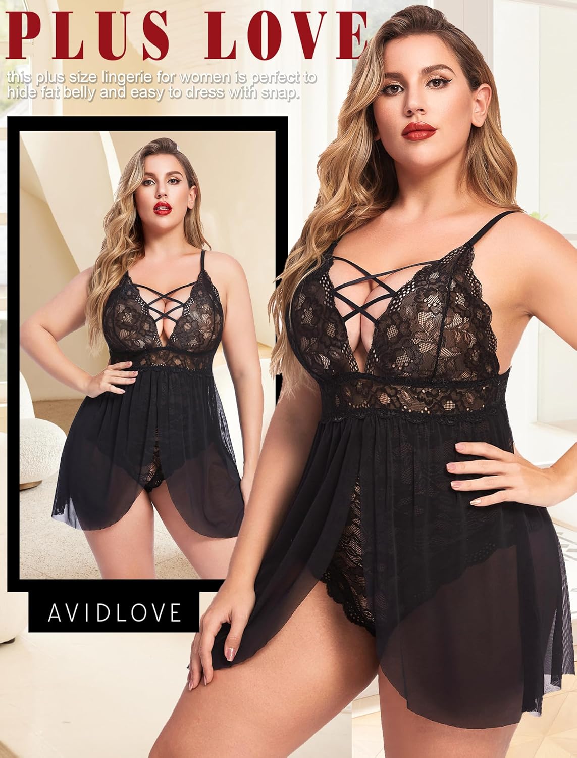 Avidlove Plus Size Babydoll Womens Snap Crotch Lingerie V Neck Lace Nighty Sleepwear L-5XL - Image 5