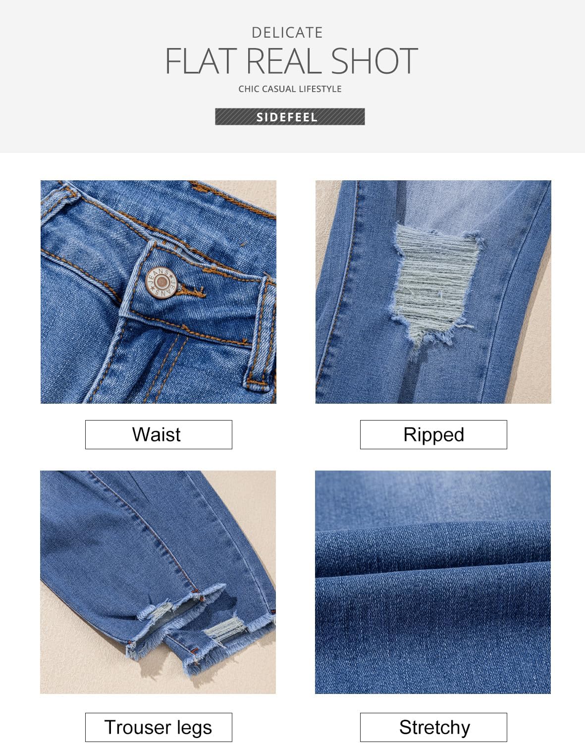Sidefeel Women's Boyfriend Jeans Stretchy Ripped Distressed Zimbaplatinum Denim Pants Size 4-18 - Image 4