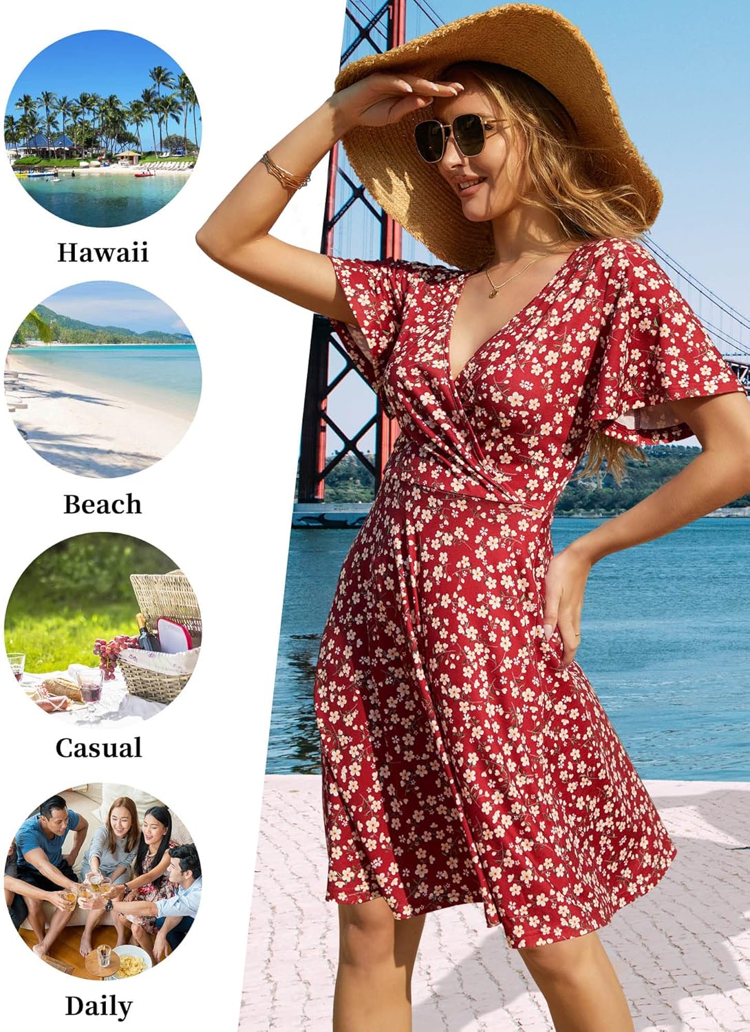 FENSACE Womens Sundress Summer Floral Short Sleeve Wrap V Neck A-Line Midi Dress - Image 5