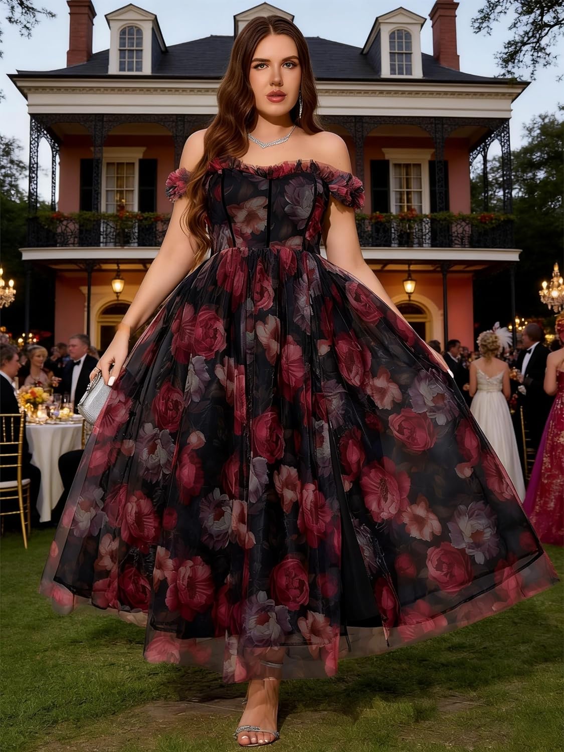 Women's Plus Size Formal Party Cocktail Dress, Wedding Guest Evening Gown with Slit - Off Shoulder Floral Tulle Maxi Dress - Image 3