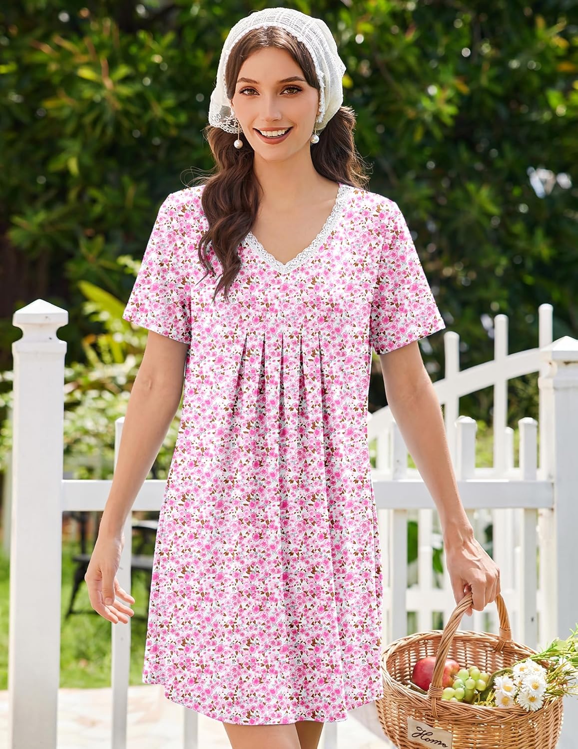 Ekouaer Nightgowns for Women Cotton Night Gowns Short Sleeve Pleated Sleep Shirts Lace Trim Moo Moos Ladies Sleepwear - Image 5