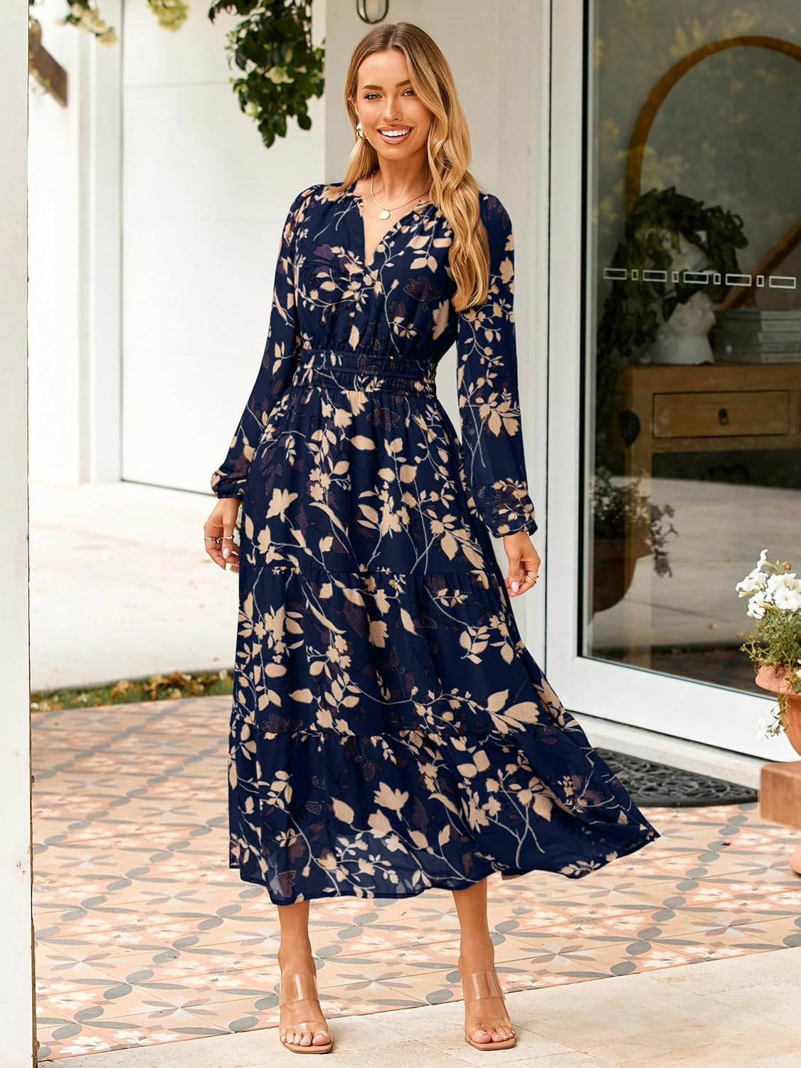 Simplee Women's Floral Boho Long Sleeve Maxi Dress V Neck Empire Waist Swing Flowy Wedding Guest Dress - Image 3