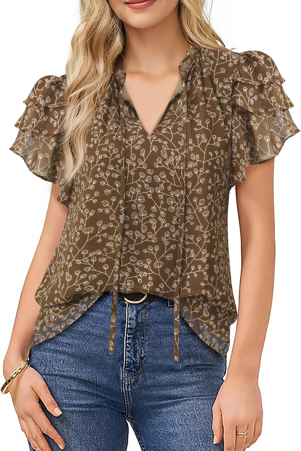 Lotusmile Summer Chiffon Dressy Casual Blouses Elegant Ruffle Short Sleeve Work Tops for Women Trendy - Image 4