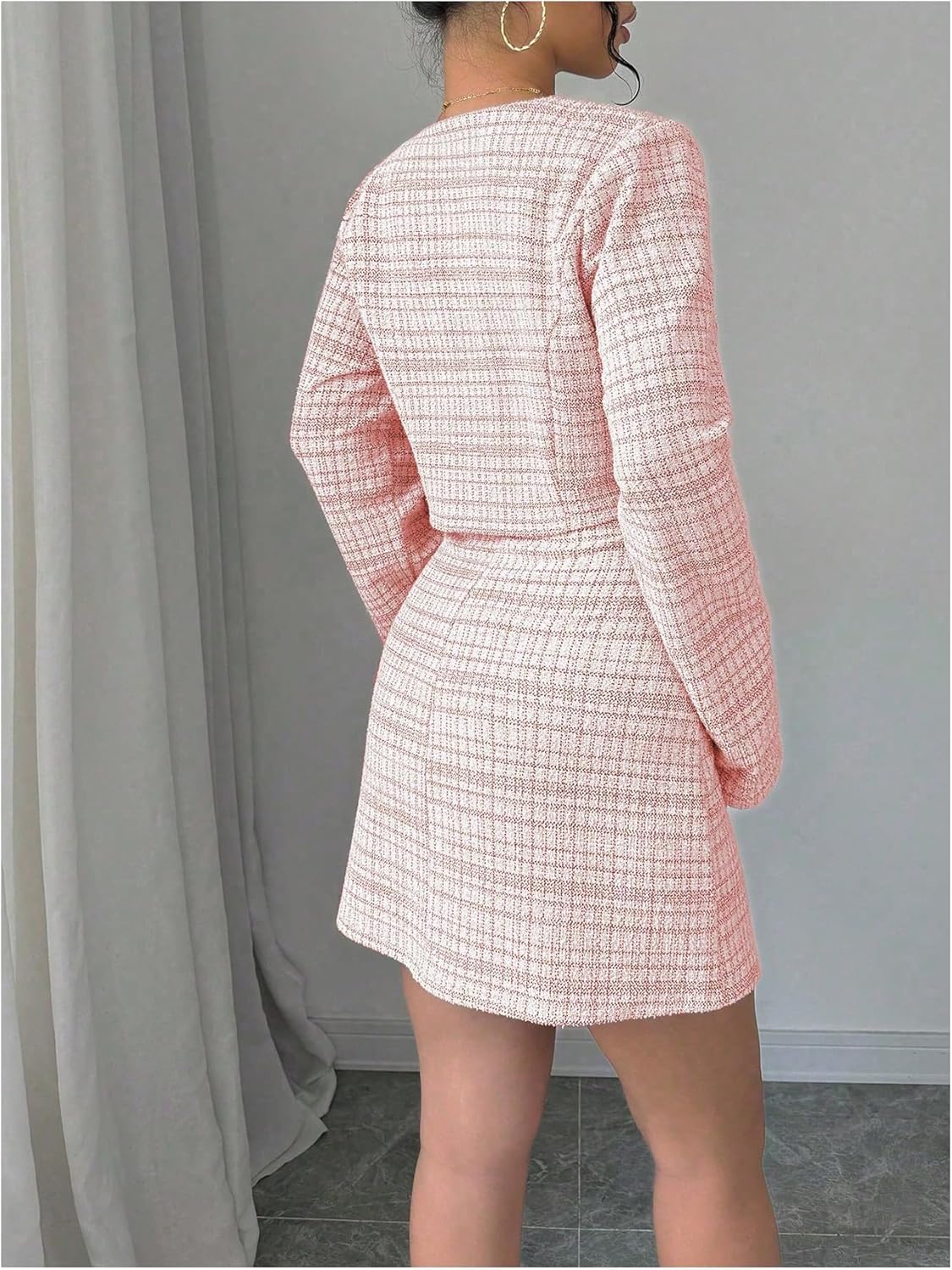 SOLY HUX Women's 2 Piece Outfits Plaid Long Sleeve Button Down Cropped Jacket and Sleeveless Mini Dress Sets - Image 2
