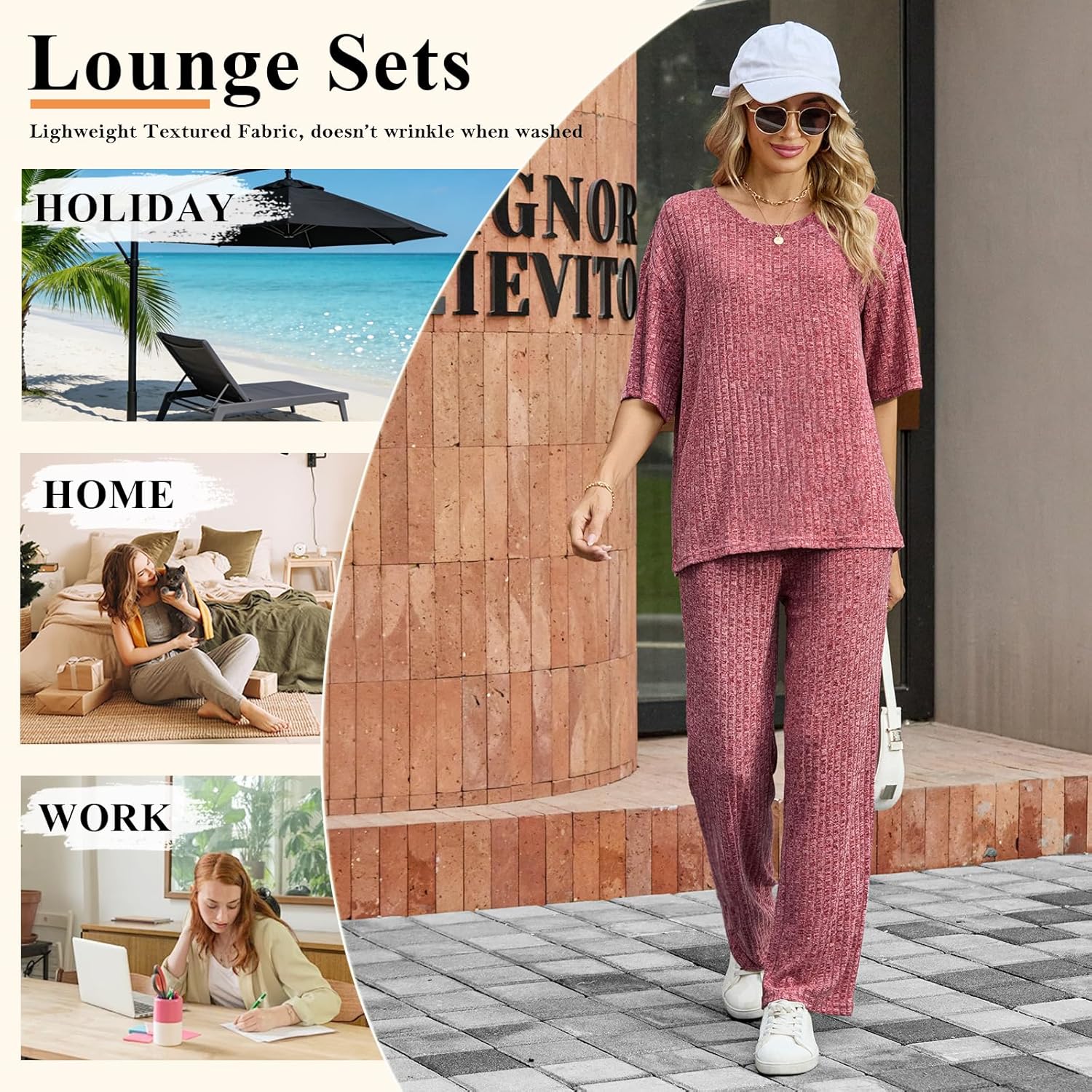 Addtoo Womens 2 Piece Lounge Sets 2026 Short Sleeve Ribbed Knit Pajamas with Pockets - Image 5