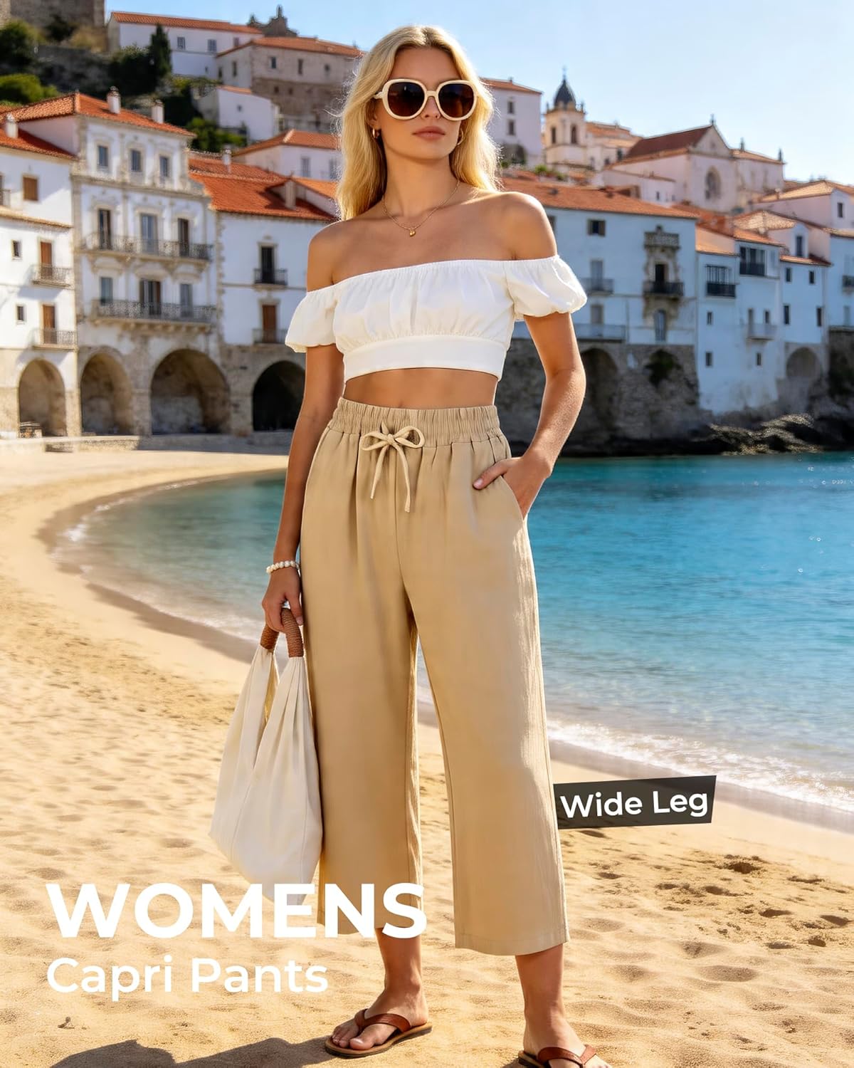 Women's Casual Capris Pants High Waist Pants Drawstring Loose Fit Summer Trousers with Pockets for Beach Vacation - Image 5