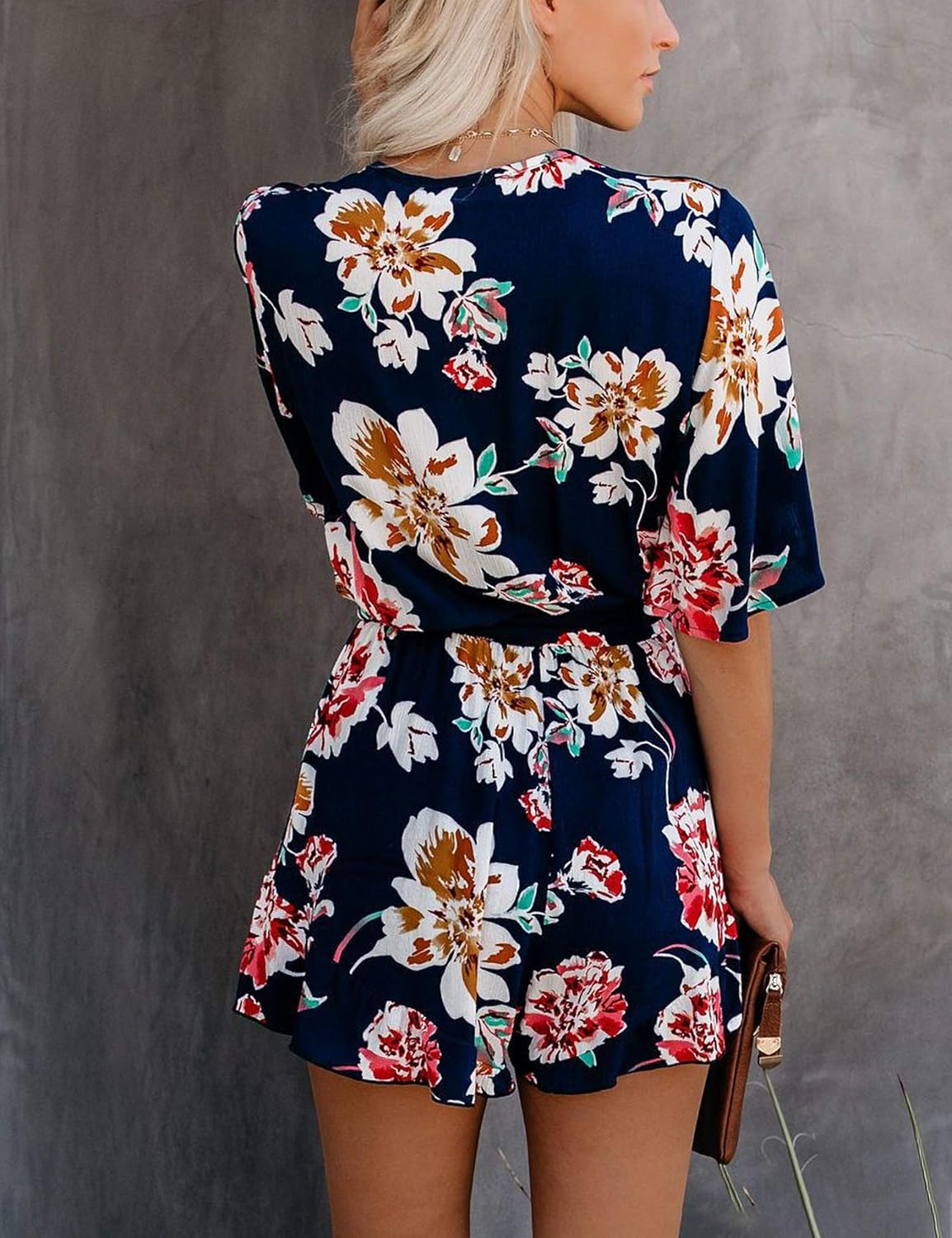 Relipop Women's Summer Romper Floral Print V Neck Flared Half Sleeve Elastic Tie Waist Ruffle Casual Rompers Jumpsuits - Image 4