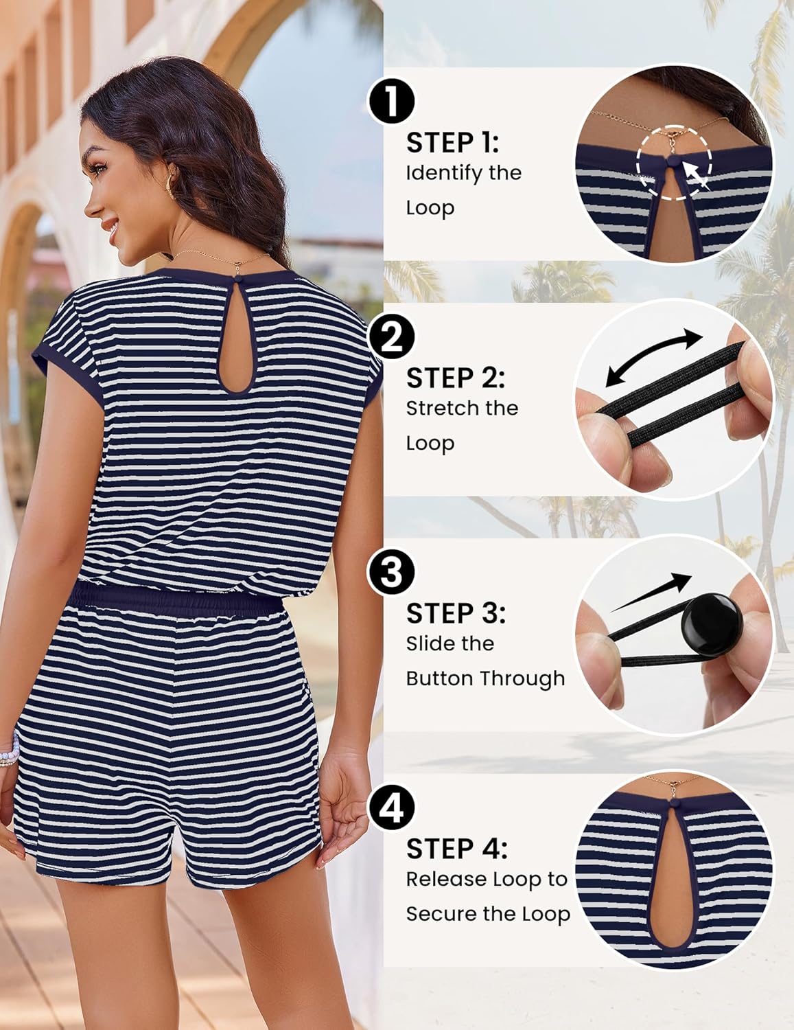 Ekouaer Womens Rompers for Summer Casual One Piece Short Jumpsuit 2026 Striped Cap Sleeve Beach Clothes Travel Outfits - Image 4