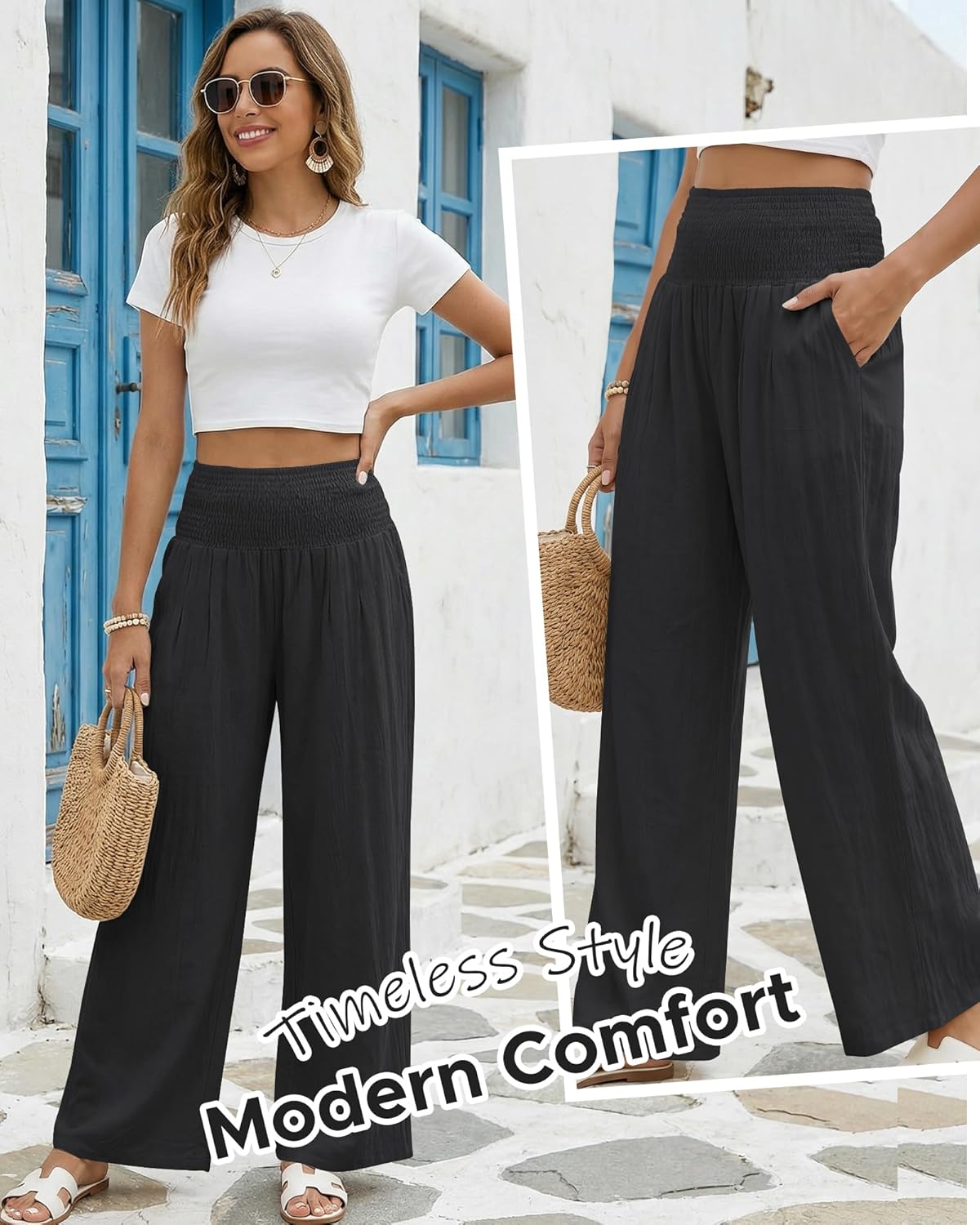 Women Wide Leg Casual Pants High Waist Palazzo Pants Summer Lounge Trousers with Pockets - Image 6