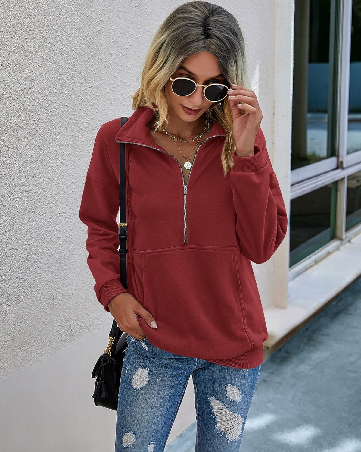 PRETTYGARDEN Women's Casual Long Sleeve Lapel Zipper Sweatshirt Drawstring Loose Pullover Tops - Image 5