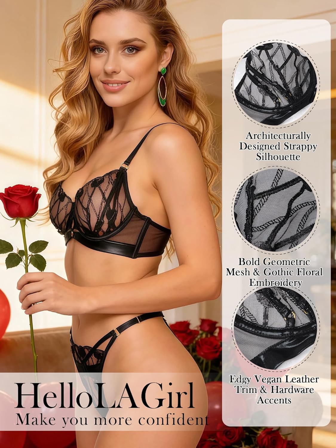 HELLOLAGIRL Women's Lingerie Set, Strappy Cage Underwire Bra and Thong with Geometric Floral Embroidery - Image 3