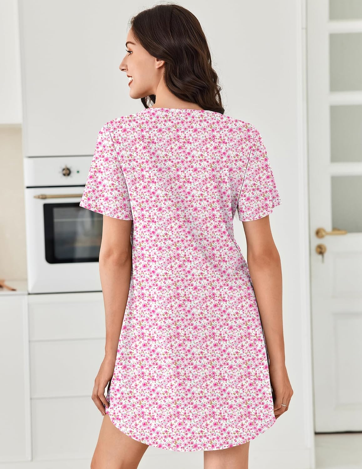 Ekouaer Nightgowns for Women Cotton Night Gowns Pleated Nightshirts Henley V Neck Sleepshirts Short Sleeve Sleepwear - Image 6