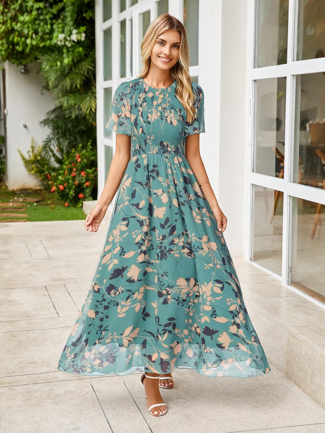 Simplee Womens Casual Floral Summer Maxi Dress 2026 Boho Flowy Short Sleeve Crew Neck Vacation Smocked Chiffon Dresses - Image 5