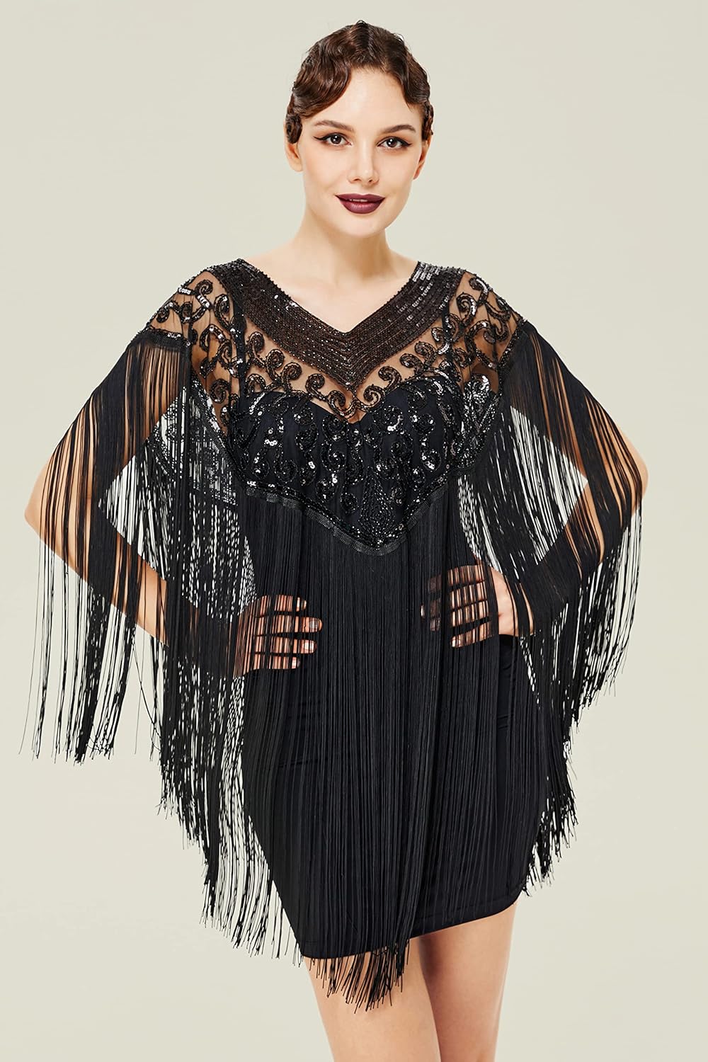 BABEYOND 1920s Shawl Wraps Long Fringed Evening Cape Sequin Beaded Party Shawl - Image 4
