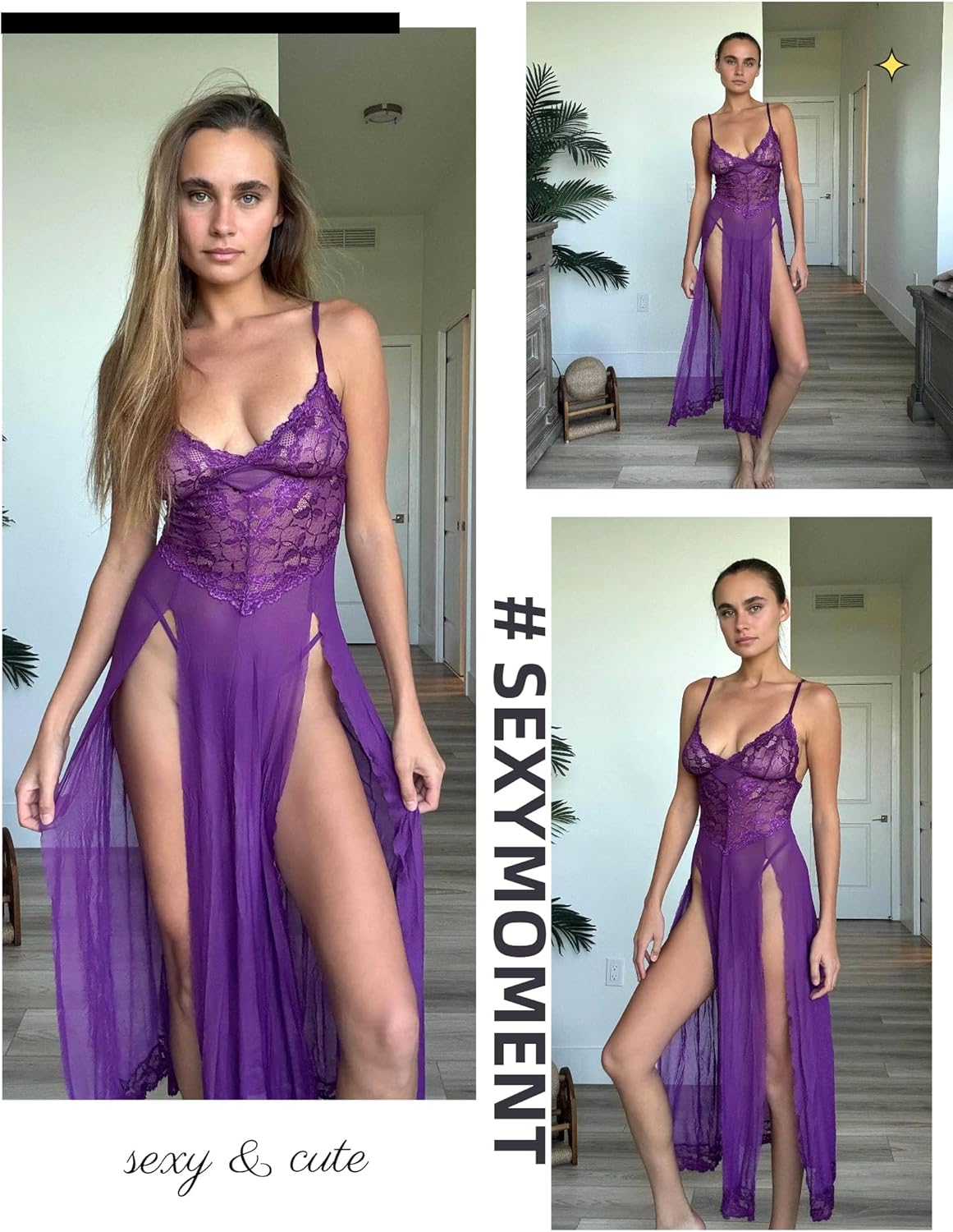 Avidlove Women Lingerie Dress Long Lace Babydoll Chemise Side Split Night Gowns V Neck Mesh Nightdress - Image 2
