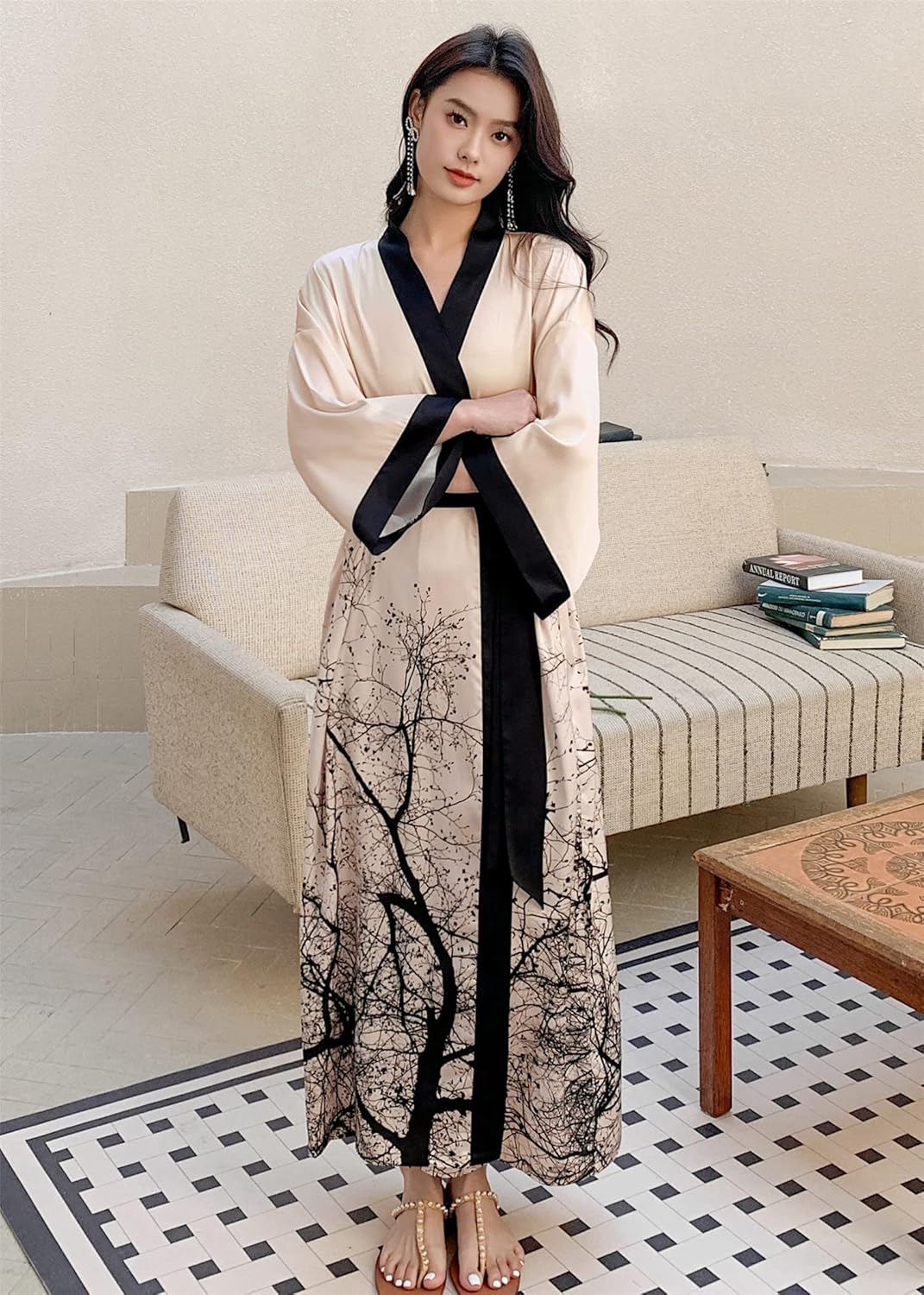 Kihnop Women's Floral Long Kimono Robe Long Satin Robe Long Silk Robe Ladies Kimonos Silky Bathrobe Cover Up, One Size - Image 4