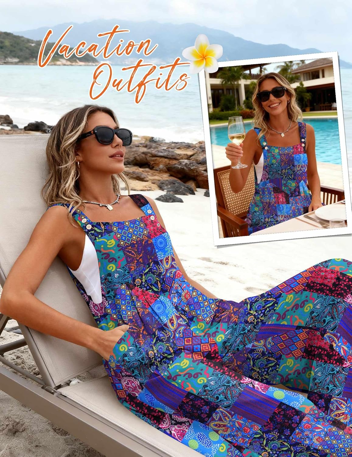 Ekouaer Women's Casual Overalls Loose Wide Leg Jumpsuits Summer Boho Floral Printed Baggy Rompers with Pockets - Image 4