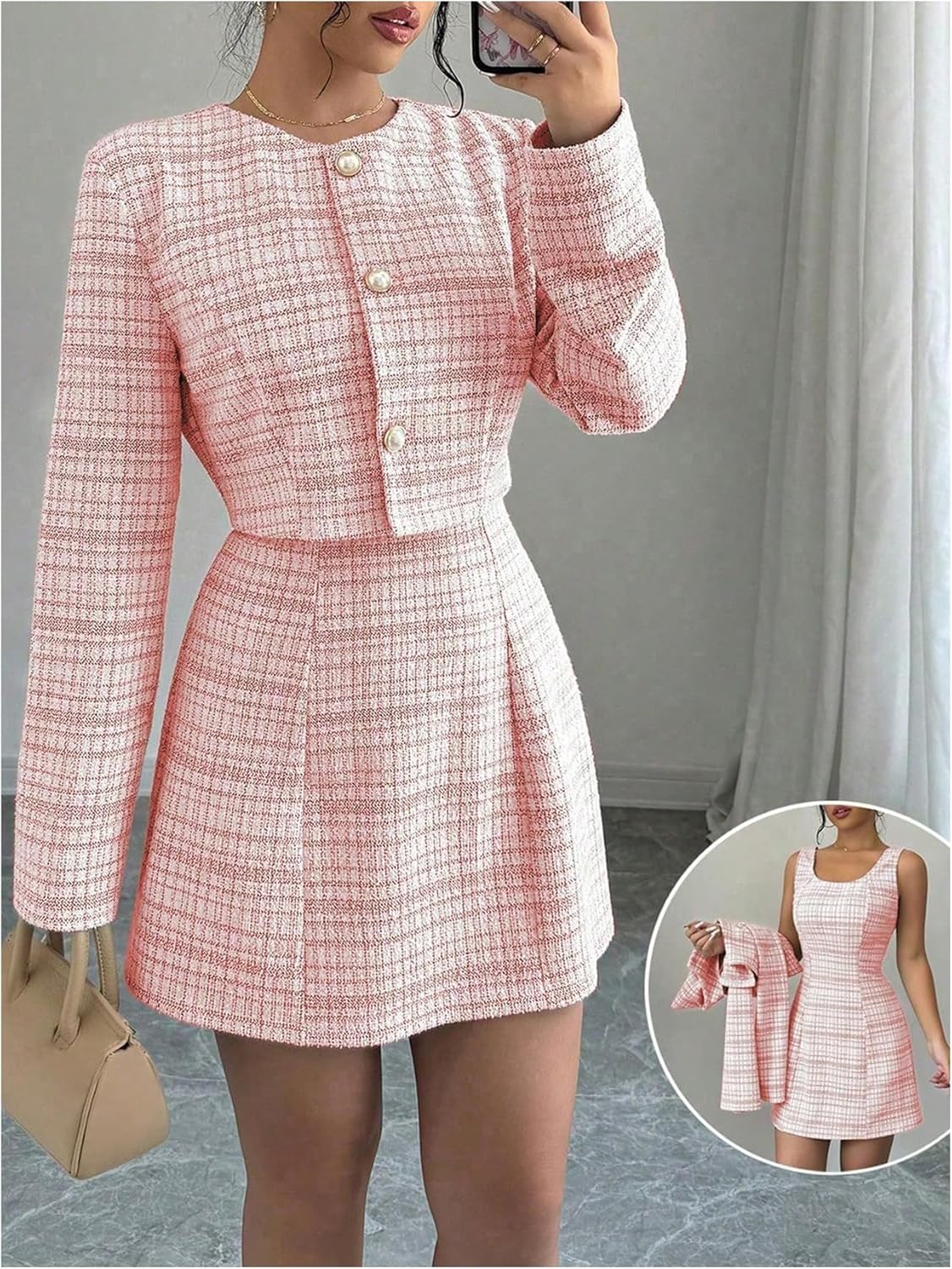 SOLY HUX Women's 2 Piece Outfits Plaid Long Sleeve Button Down Cropped Jacket and Sleeveless Mini Dress Sets - Image 5