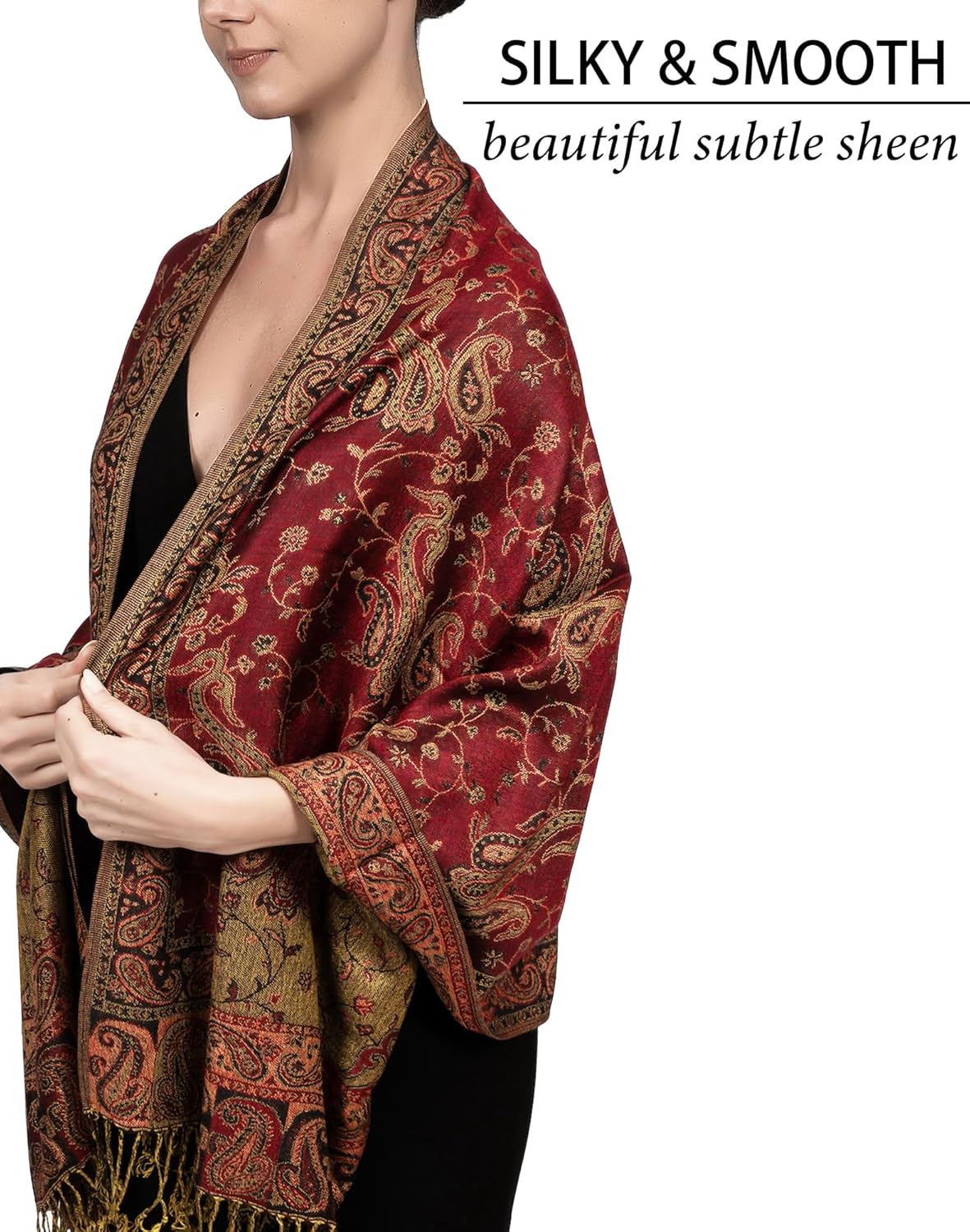 Achillea Reversible Paisley Pashmina Rave Scarf – Exotic Indian Shawls and Wraps for Evening Dresses, Festivals, All Seasons - Image 3