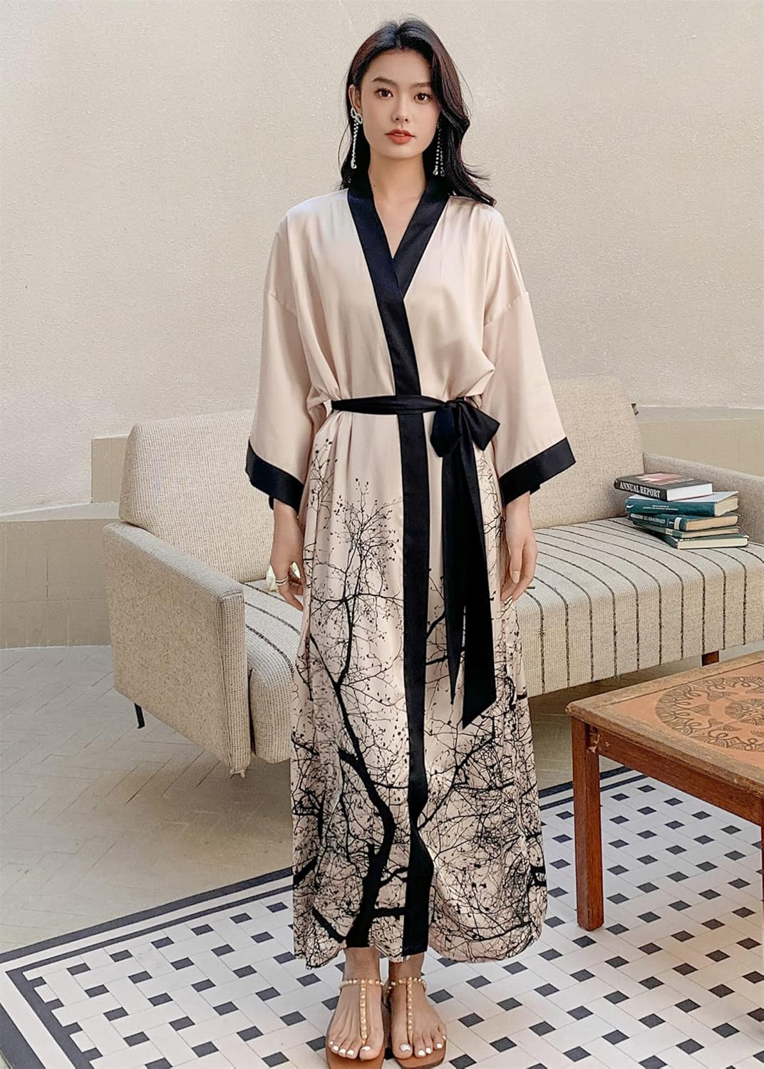 Kihnop Women's Floral Long Kimono Robe Long Satin Robe Long Silk Robe Ladies Kimonos Silky Bathrobe Cover Up, One Size - Image 3