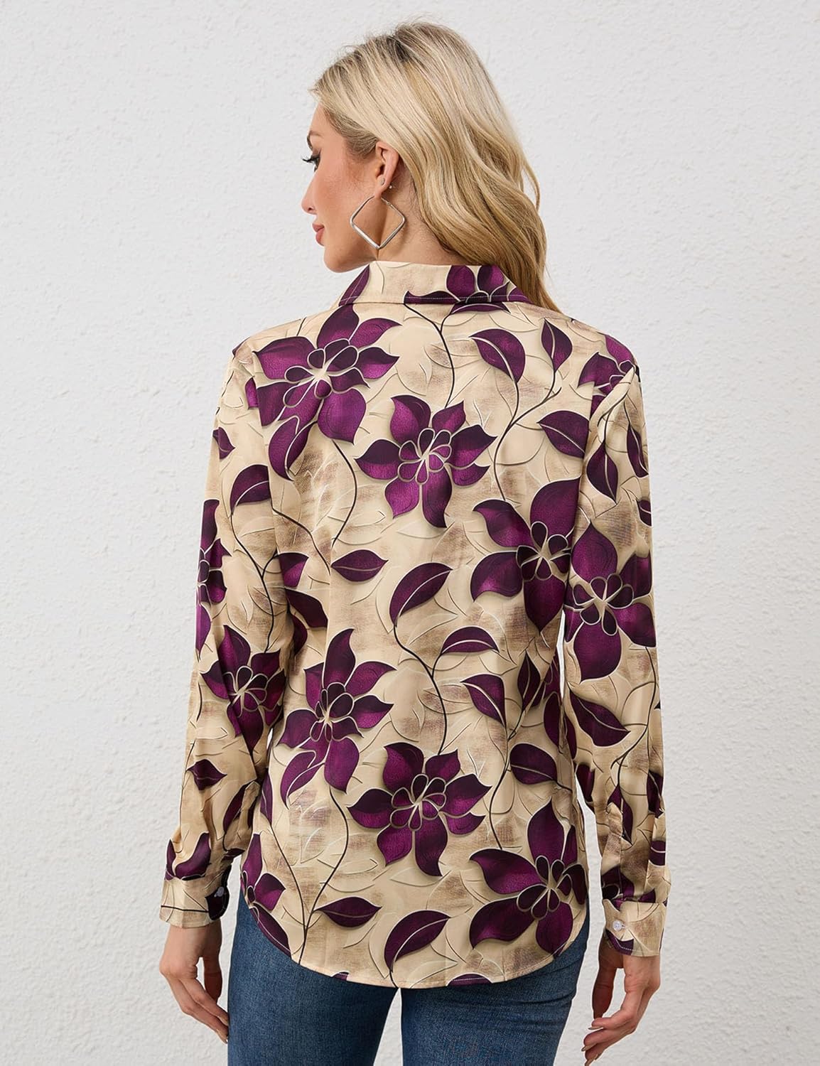 Wrinkle-Resistant Women Silky Button Down Shirts Fashion Printed Dressy Blouse Business Casual Long Sleeve Work Tops - Image 5