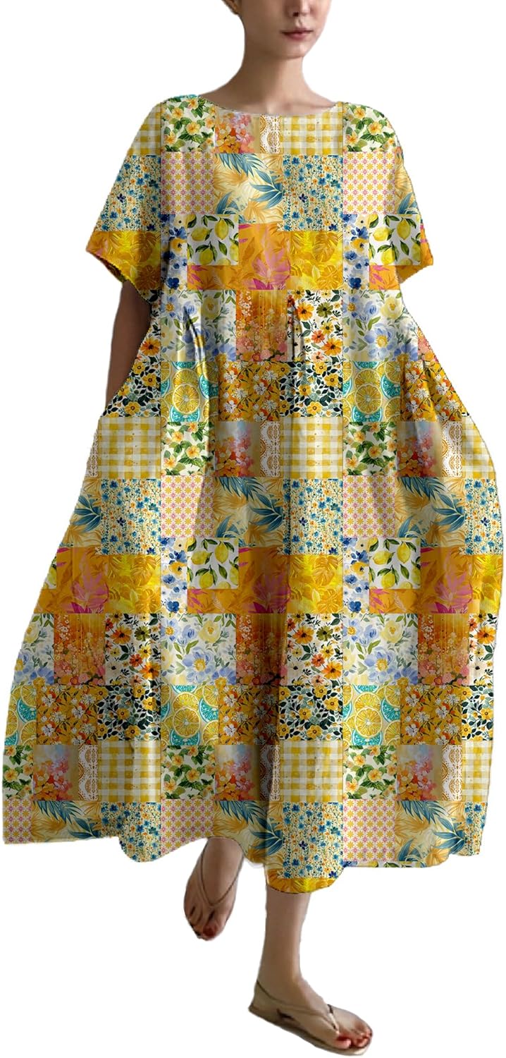 MARSVOVO Patchwork Flowy Dresses for Women Plus Size Loose Casual Tunic Dress Elegant Crewneck Maxi Dresses with Pockets