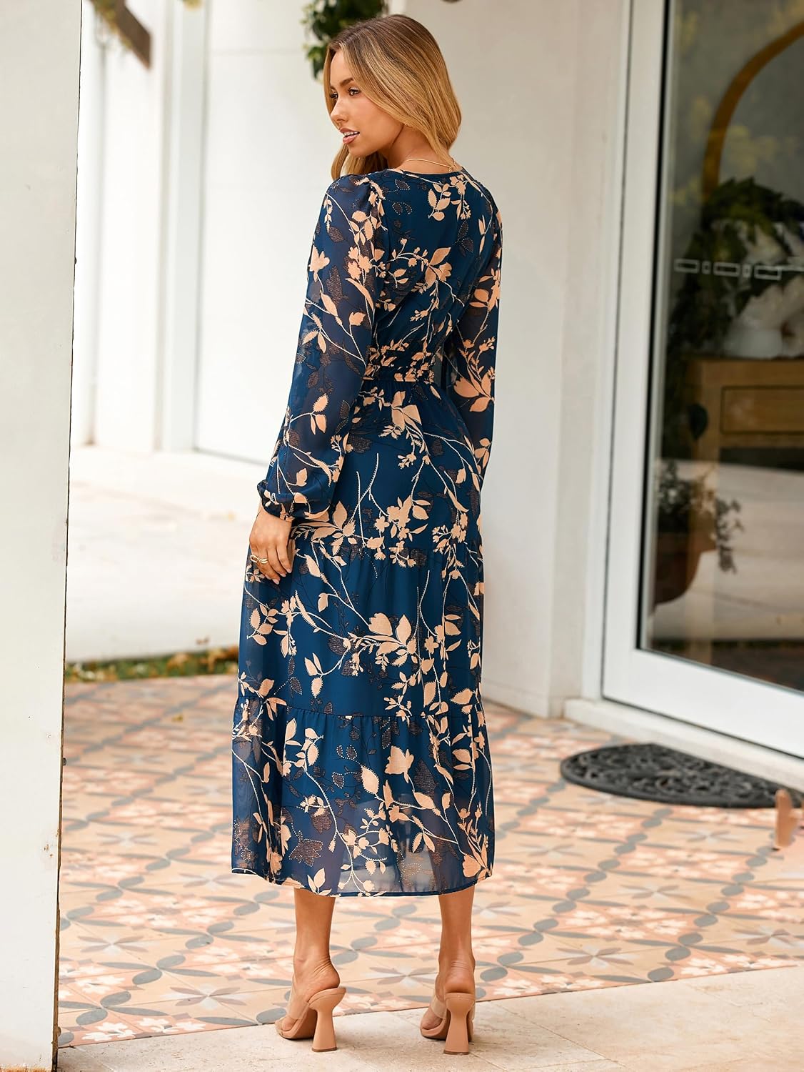 Simplee Women's Floral Boho Long Sleeve Maxi Dress V Neck Empire Waist Swing Flowy Wedding Guest Dress - Image 3
