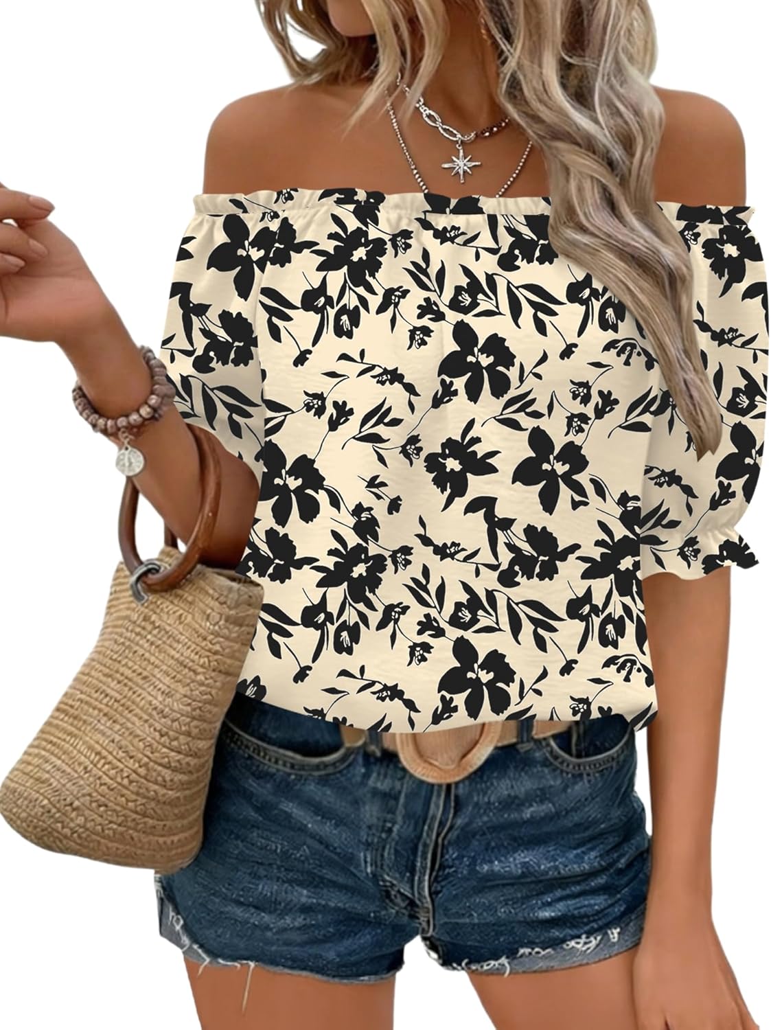 Kistore Womens Tops Short Sleeve Cotton Shirts Off The Shoulder Tops for Women Crewneck Dressy Casual Blouses S-XXL