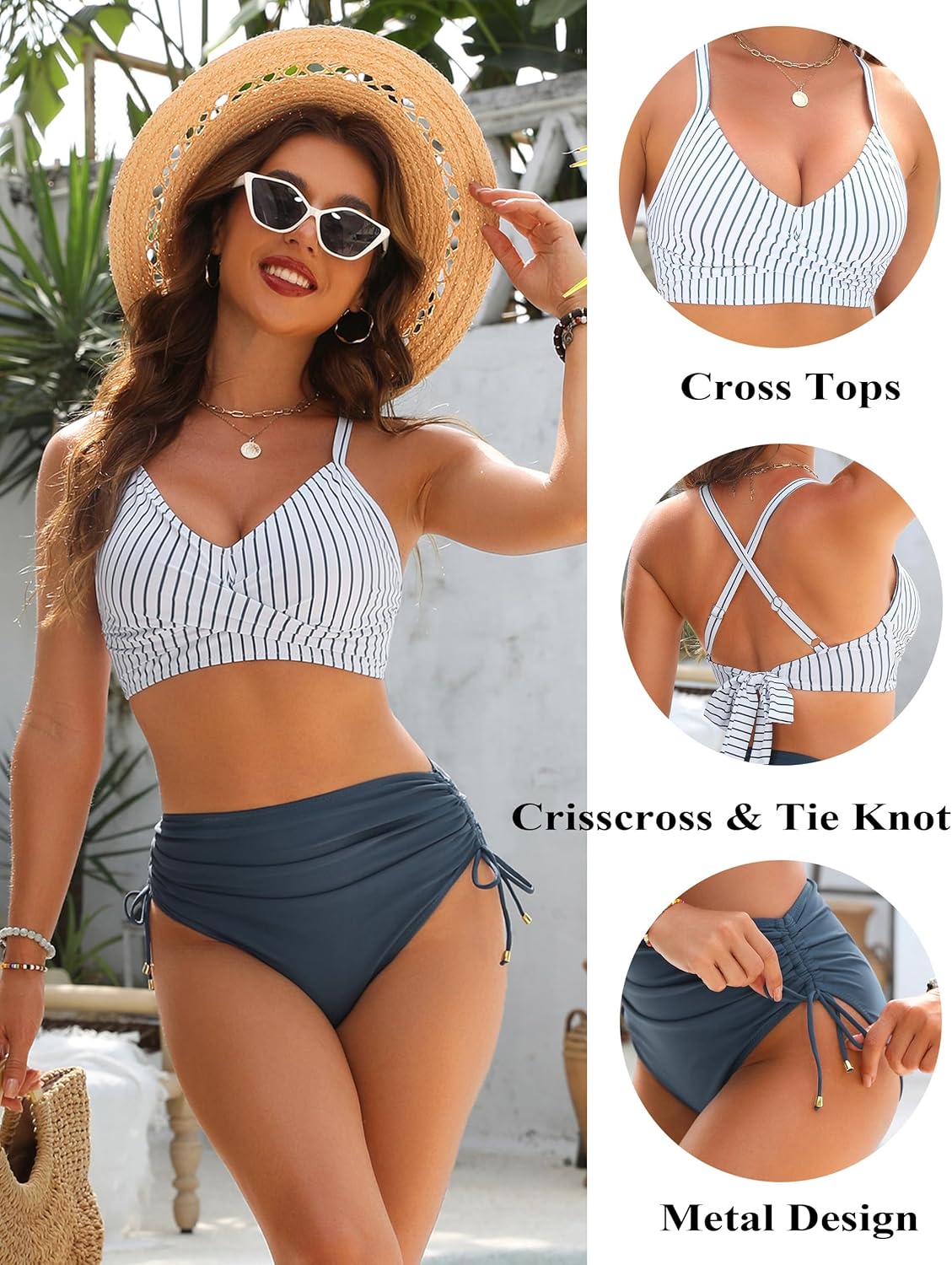 Blooming Jelly Womens High Waisted Bikini Sets Drawstring Tummy Control Swimsuits Crisscross Tie Back Bathing Suit - Image 5