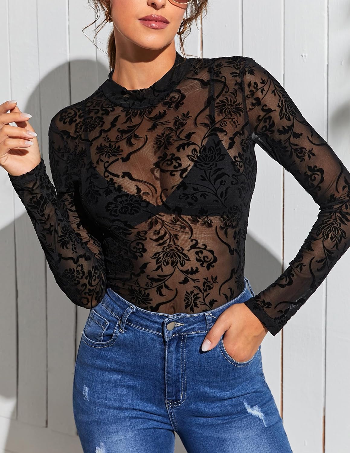 Avidlove Womens Mesh Long Sleeve Bodysuit Round Neck Sheer Leotards Geo Print Bodysuit Top with Snap Crotch - Image 5