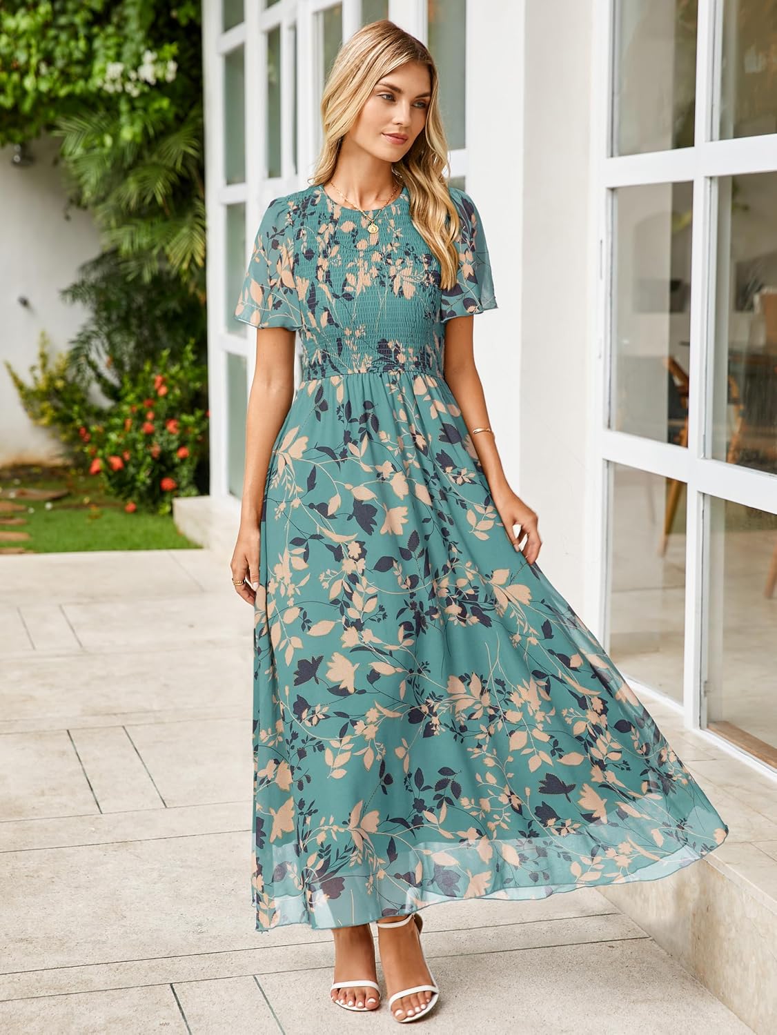 Simplee Womens Casual Floral Summer Maxi Dress 2026 Boho Flowy Short Sleeve Crew Neck Vacation Smocked Chiffon Dresses - Image 6