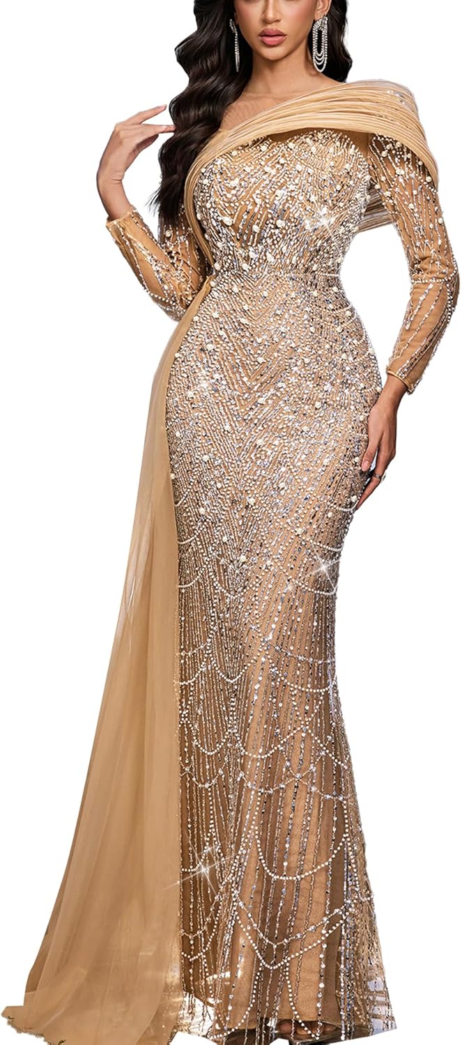 Women Sequin Beaded Mermaid Formal Evening Gown Long Sleeve Prom Dress Bodycon Wedding Guest Party Cocktail Maxi Dress