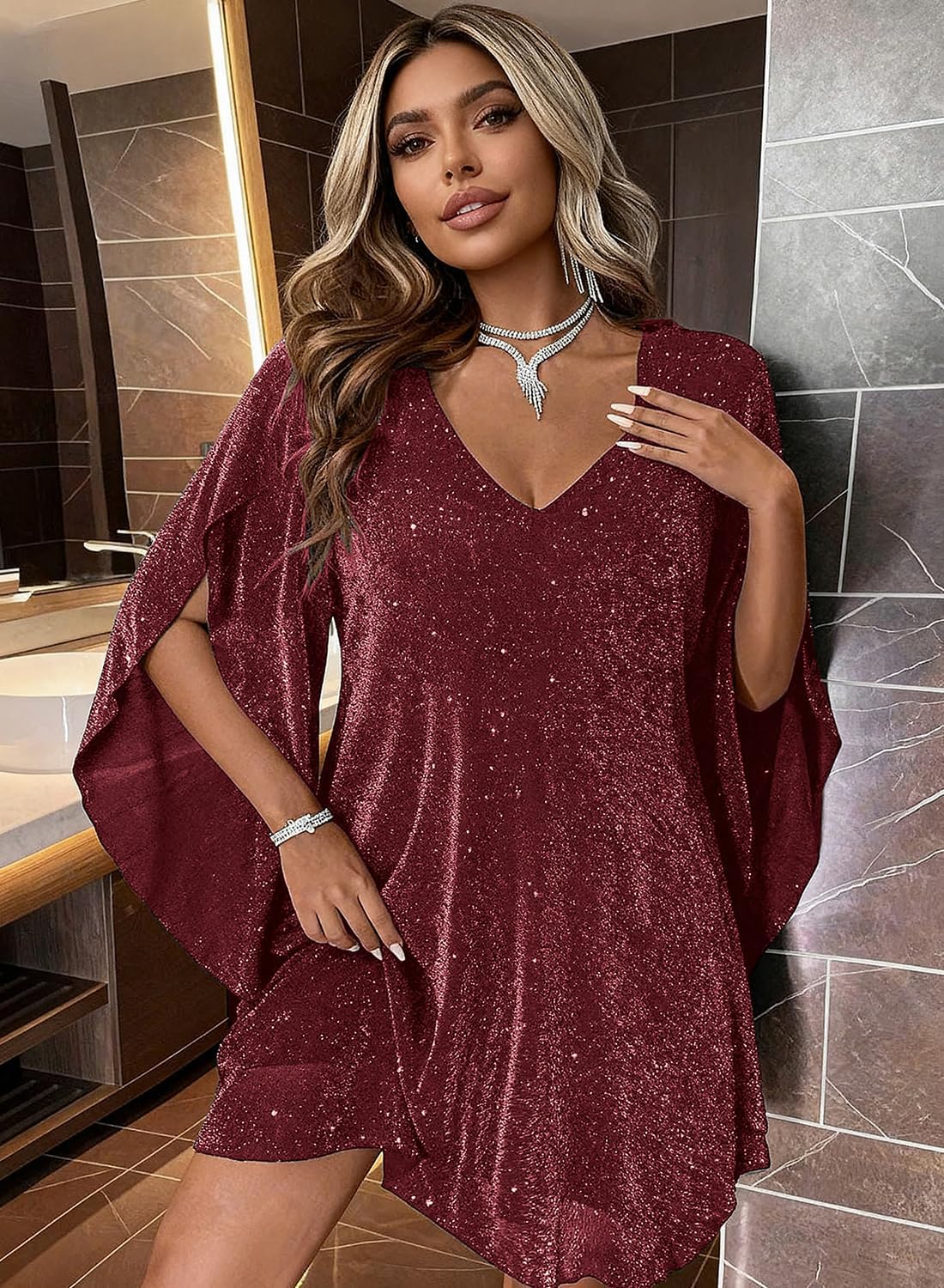 Women's Sparkly Cocktail Dresses for Wedding Guest Flutter Sleeve Loose Chiffon Party Dress (XS-XL) - Image 2
