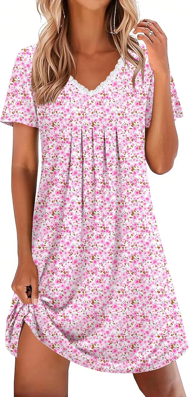 Ekouaer Nightgowns for Women Cotton Night Gowns Short Sleeve Pleated Sleep Shirts Lace Trim Moo Moos Ladies Sleepwear